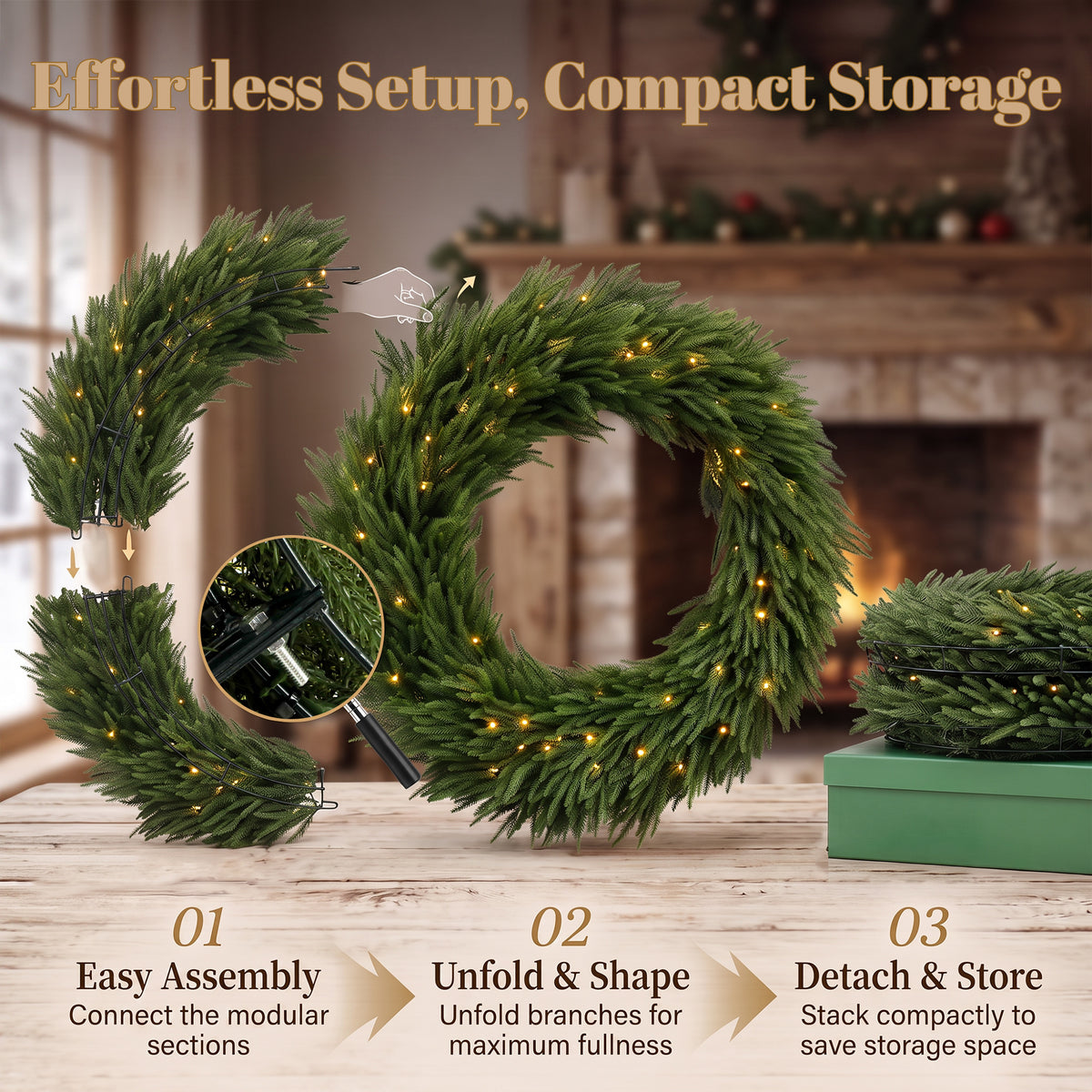 Christmas Decoration, 36 in Pre-Lit Norfolk Pine Artificial Christmas Wreath with 100 LED Lights, Green
