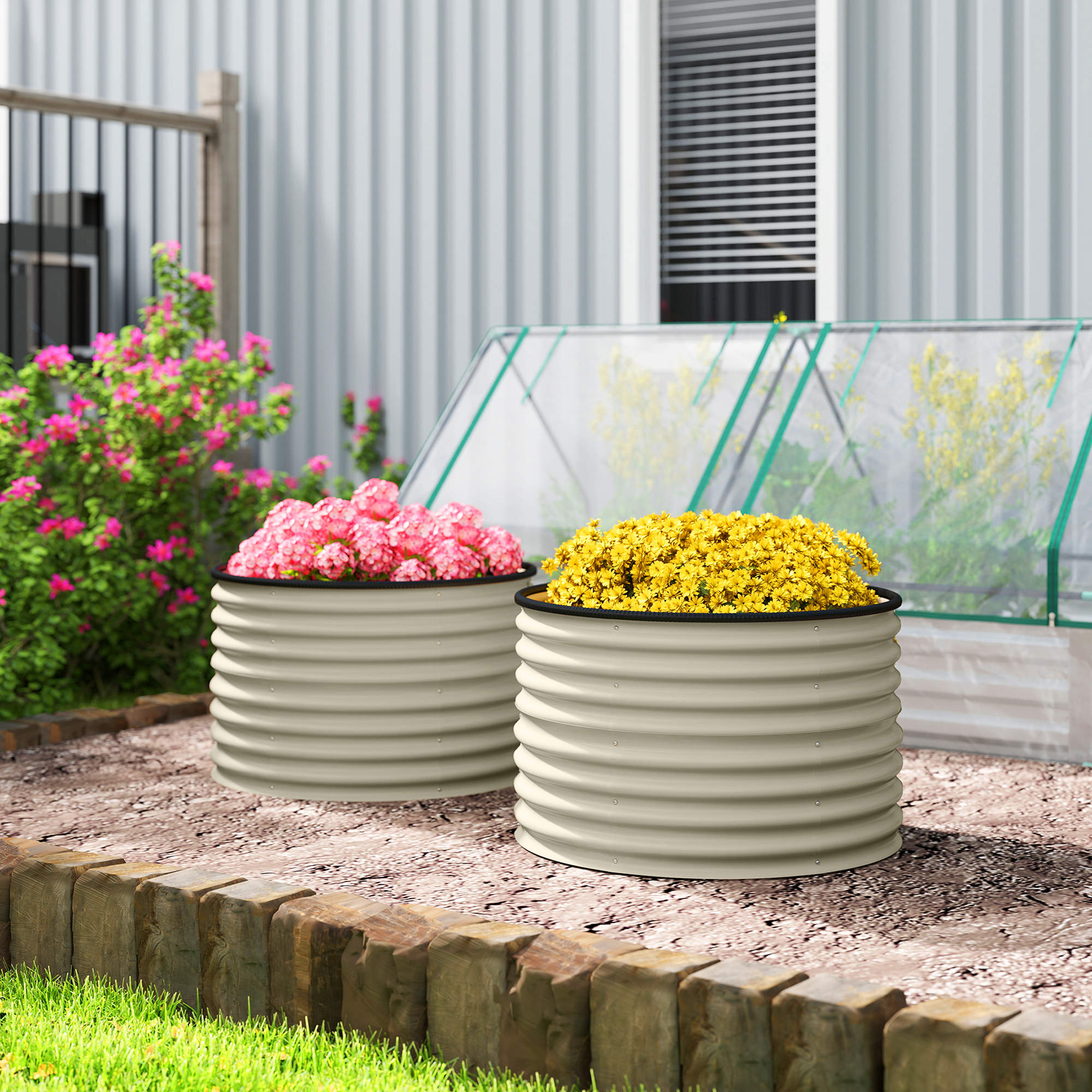 Set of 2 Raised Garden Bed, Metal Planter Box with Safety Edging, Easy-to-assemble Stock Tank, Cream White - Cream White - Image 2