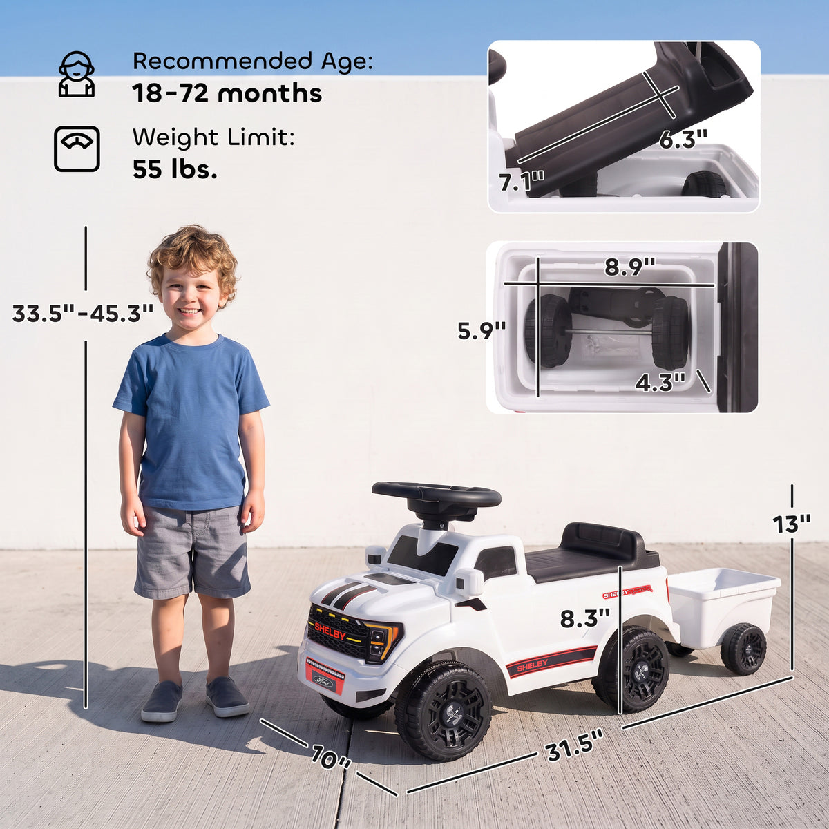 Ride on Push Car, Licensed Shelby Foot to Floor Sliding Toddler Toy with Trailer, Lift-Up Hood for 18-72 M, White