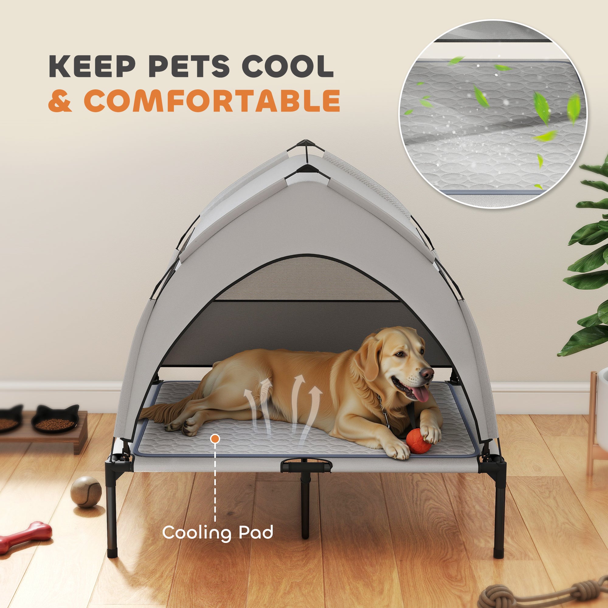 Elevated Dog Bed with Removable Canopy, Portable Outside Raised Pet Cot with Cooling Pad, Storage Bag, 36" x 29.5" x 35" - Light Gray - Image 4
