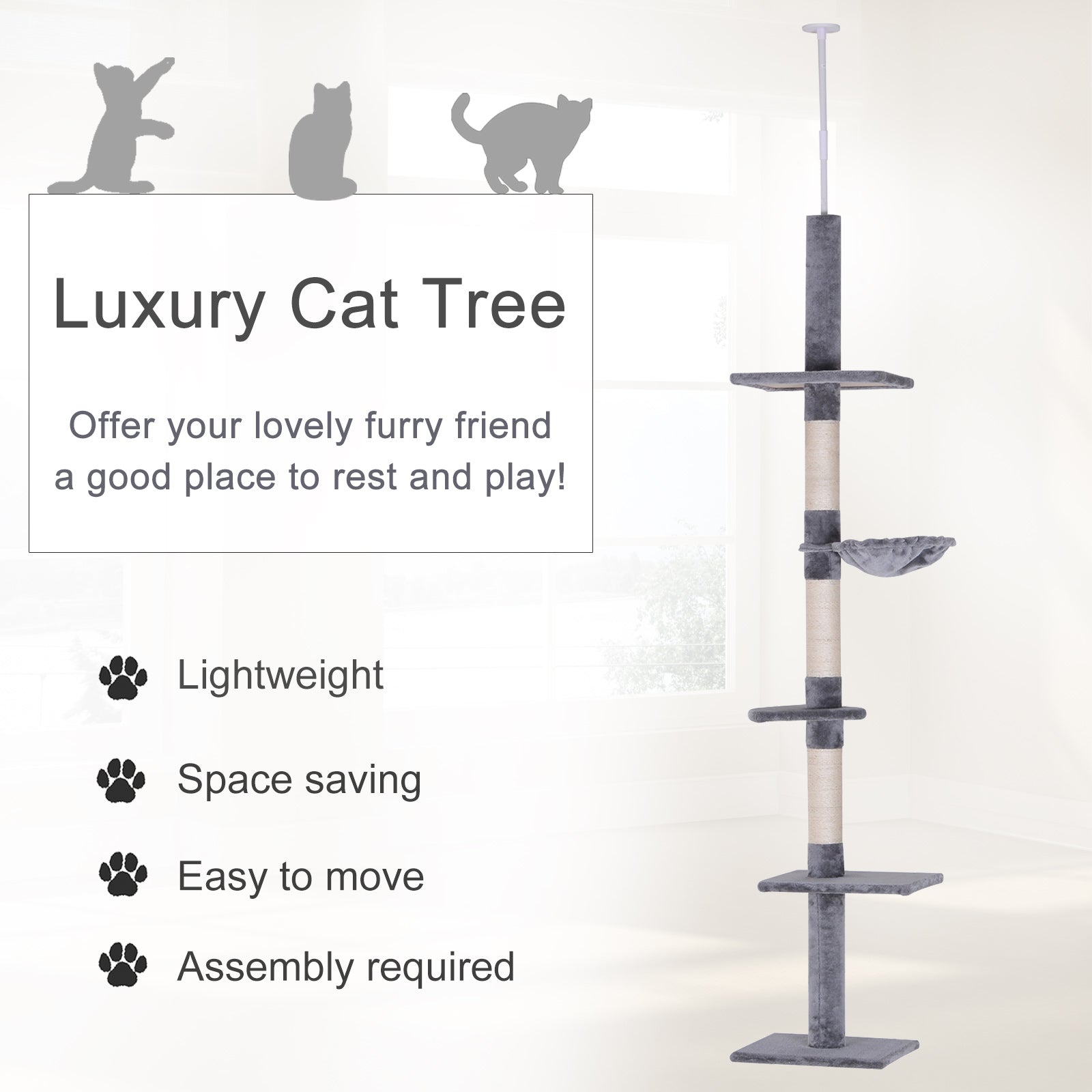 102" Adjustable Height Floor to Ceiling Cat Tree, 5 Level Cat Tower with Scratching Posts, Hammock, Gray - Grey - Image 4