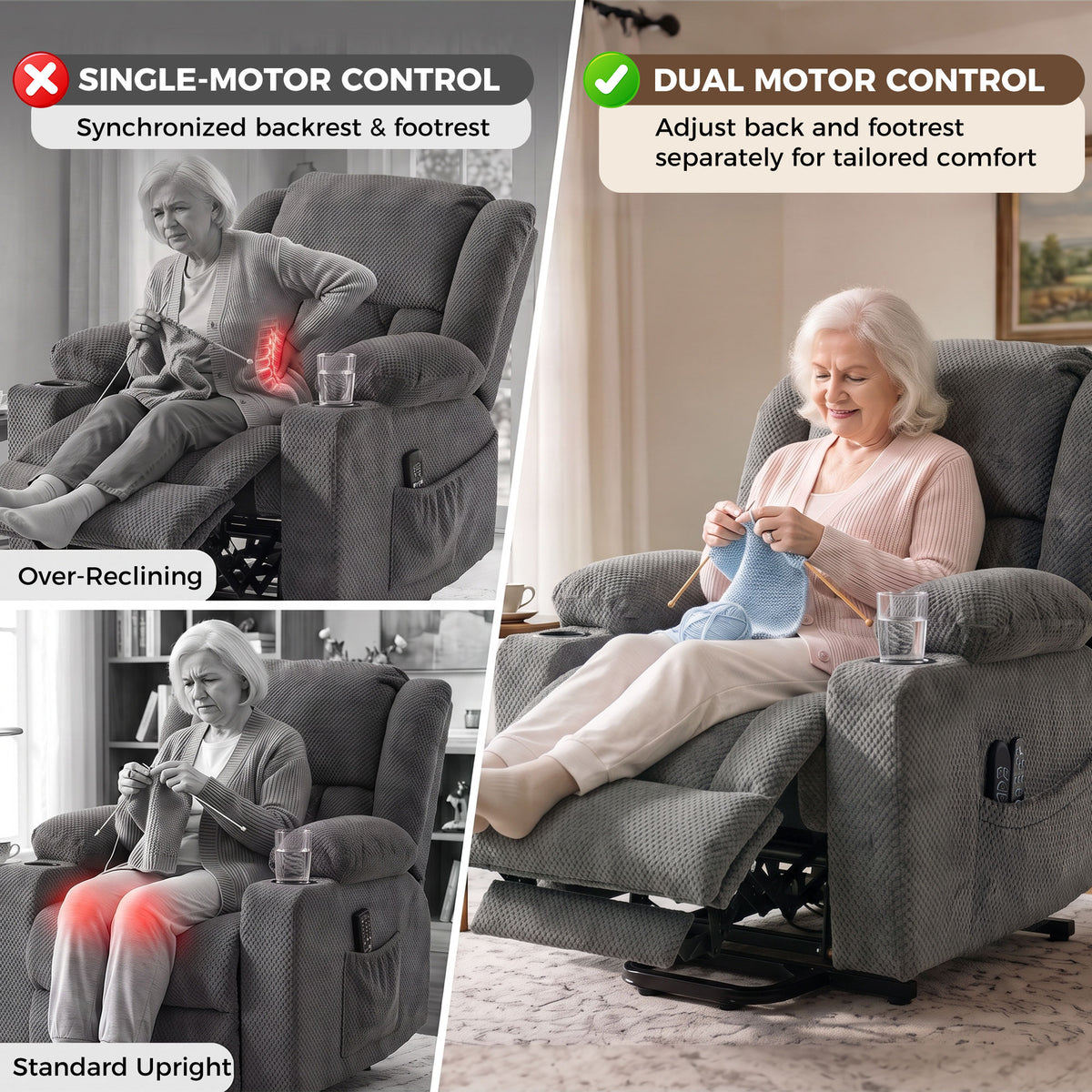 Dual Motor Power Lift Recliner Chair with Massage and Heat for Elderly, 180° Flat Recline, Wide Seat, Dark Gray