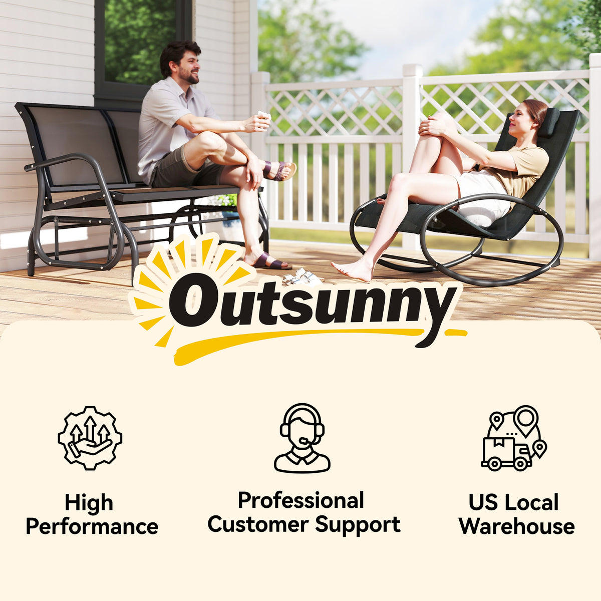 2-Person Outdoor Glider Bench, Patio Double Swing Rocking Chair Loveseat w/Powder Coated Steel Frame for Backyard Garden Porch, Black