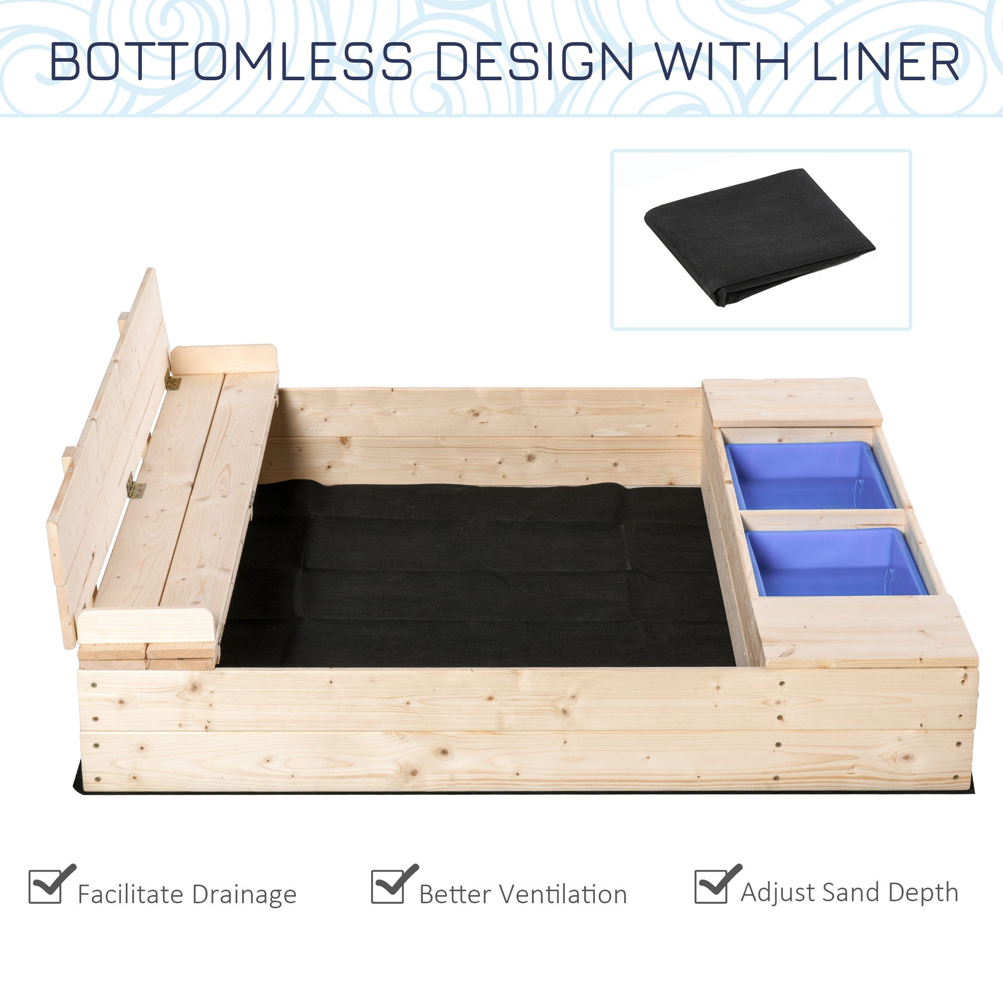 Kids Wooden Sandbox w/ Two Plastic Boxes Foldable Bench Seat Waterproof Cover Bottom Liner Storage Space