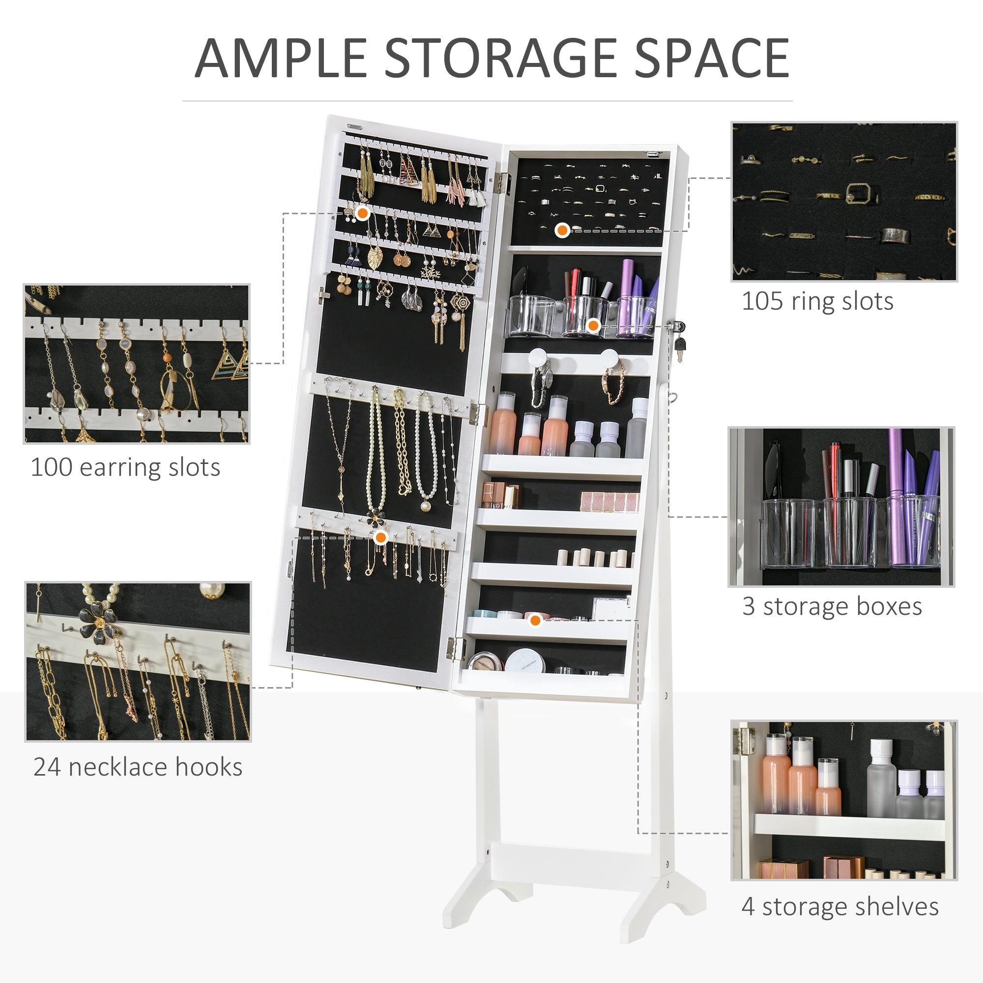 60" Full-Length Mirror Jewelry Storage Armoire w/ Lockable Door & Key, White