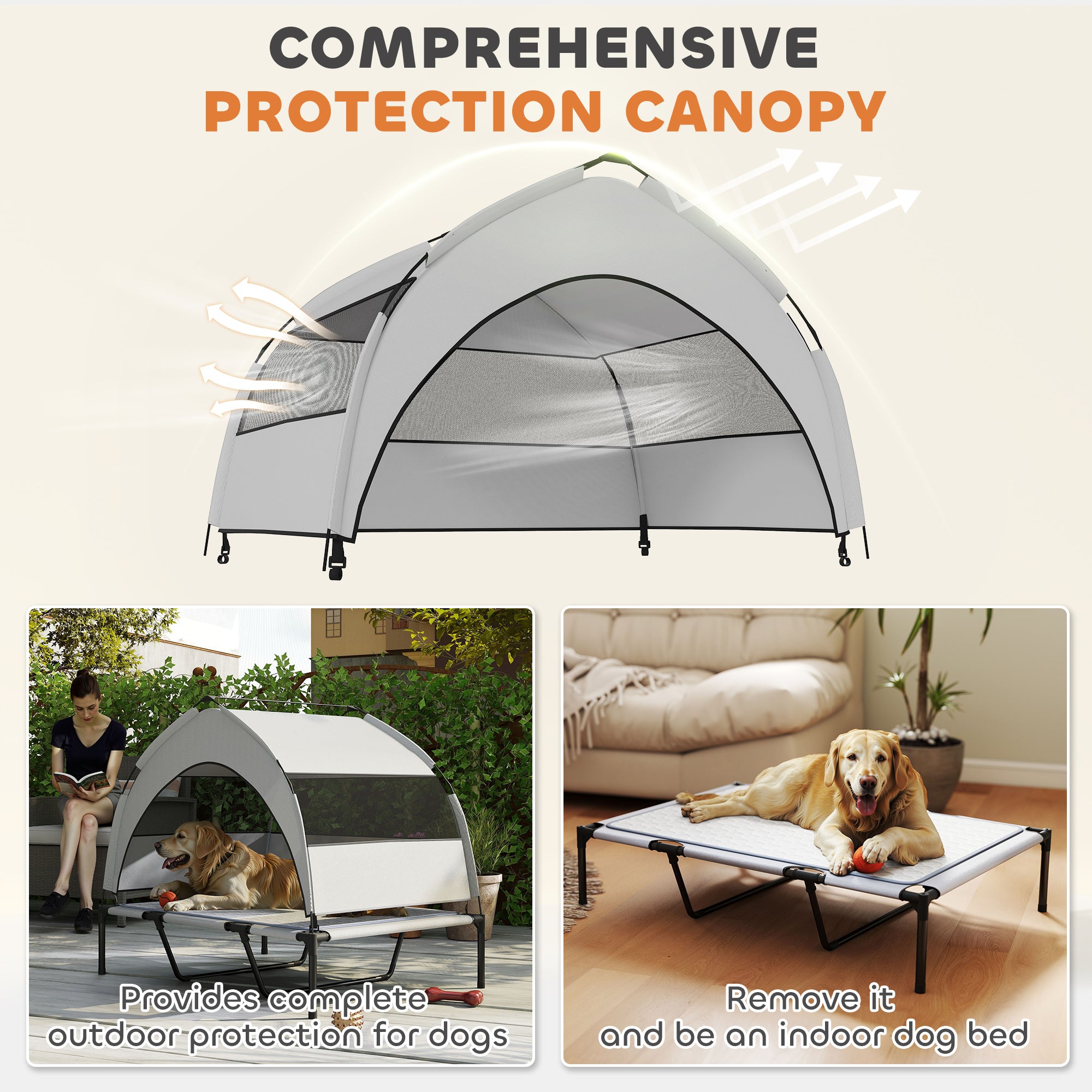 Elevated Dog Bed with Removable Canopy, Portable Outside Raised Pet Cot with Cooling Pad, Storage Bag, 42" x 30" x 37" - Light Gray - Image 5
