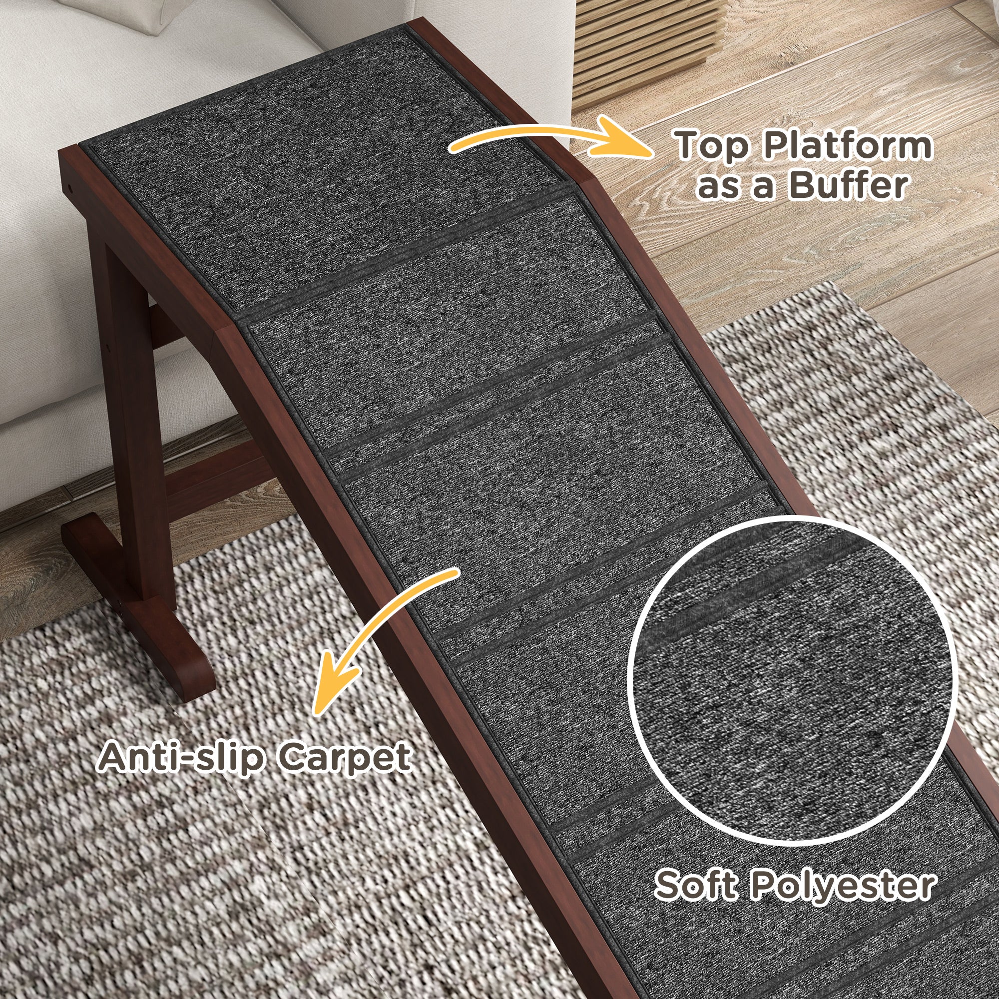 Dog Ramp for Bed, Pet Ramp for Dogs with Non-Slip Carpet and Top Platform, 74" x 16" x 25", Brown - Brown - Image 6