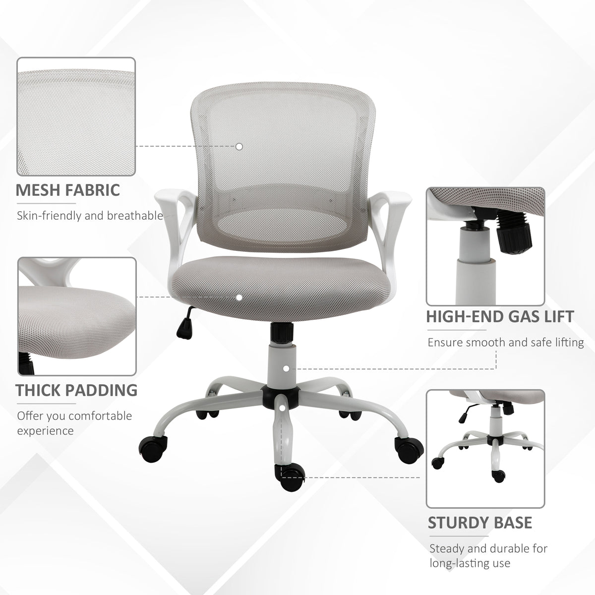 Swivel Mid Back Computer Desk Chair, Ergonomic Mesh Office Chair with Rocking Function, Rolling Wheels, Gray