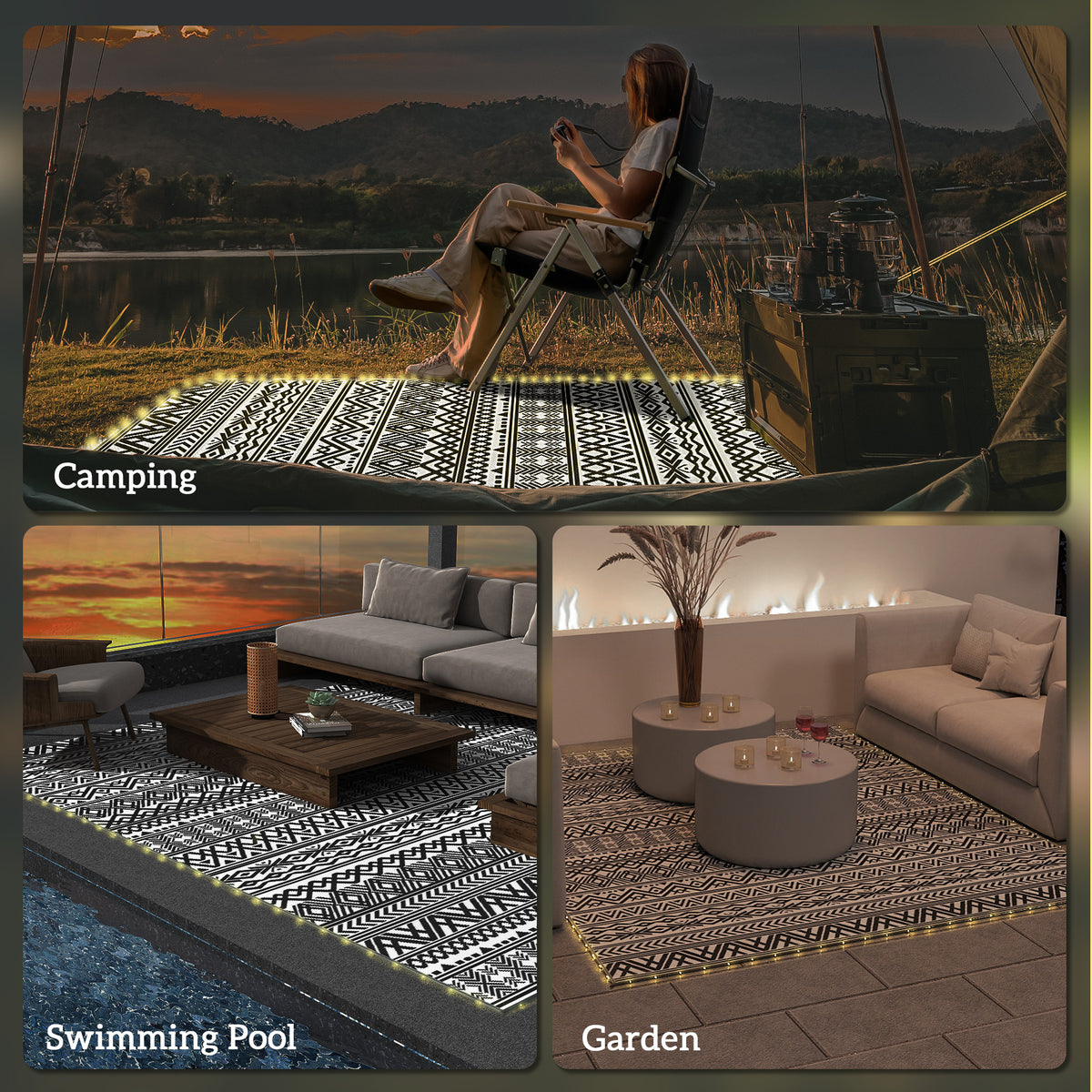 Outdoor Rug Carpet with USB Lights Reversible Patio Rug with Carry Bag for Camping 12' x 9'