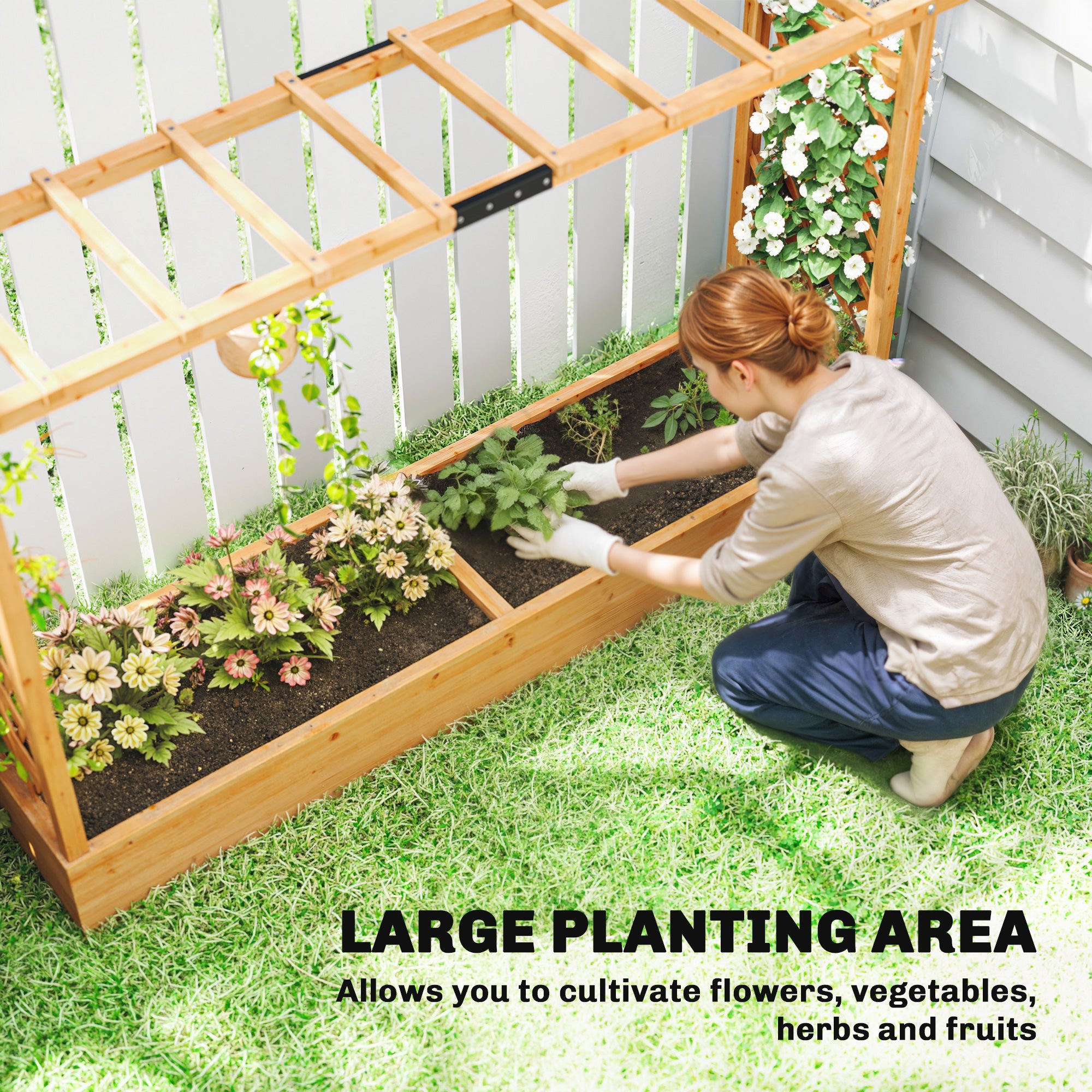 Wooden Planter Box with Trellis, Hanging Roof and Drainage Holes for Climbing Plants, Vegetables, Herbs and Flowers - Natural Wood - Image 4