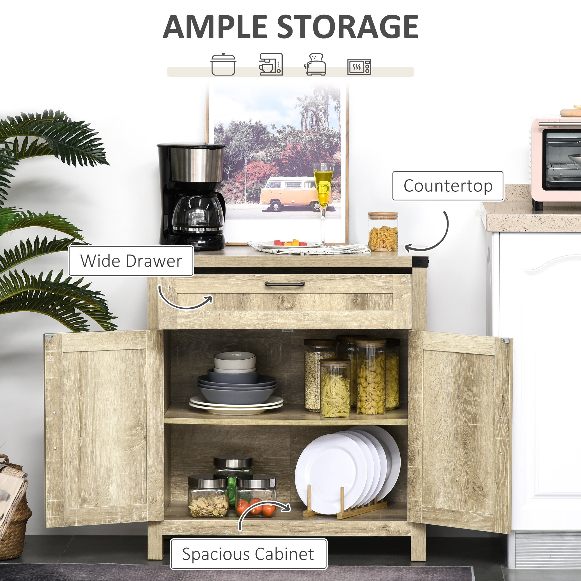Modern Farmhouse Sideboard with Storage, Buffet Cabinet with 2 Barn Doors and Drawer for Dining Room, Oak