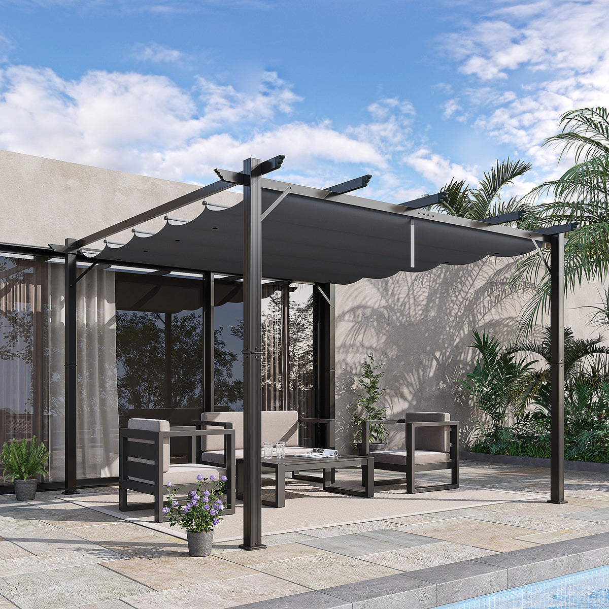 10' x 10' Outdoor Retractable Pergola Canopy, Aluminum Patio Pergola, Backyard Shade Shelter for Garden & Parties, Gray