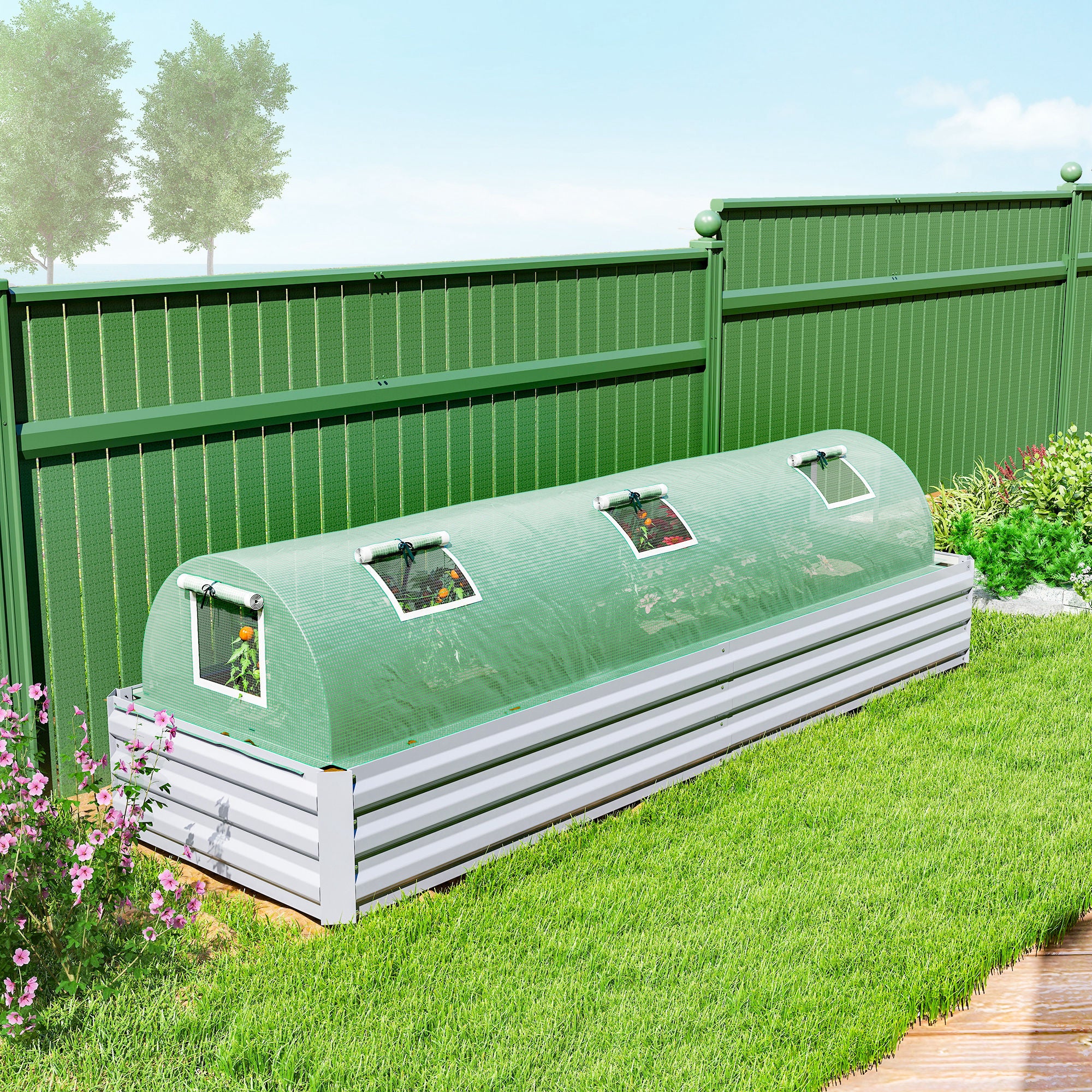Mini Greenhouse with 5 Mesh Windows, Portable Plant Hot House with PE Cover and Steel Frame, 10' x 3' x 2' , Green - Green - Image 8