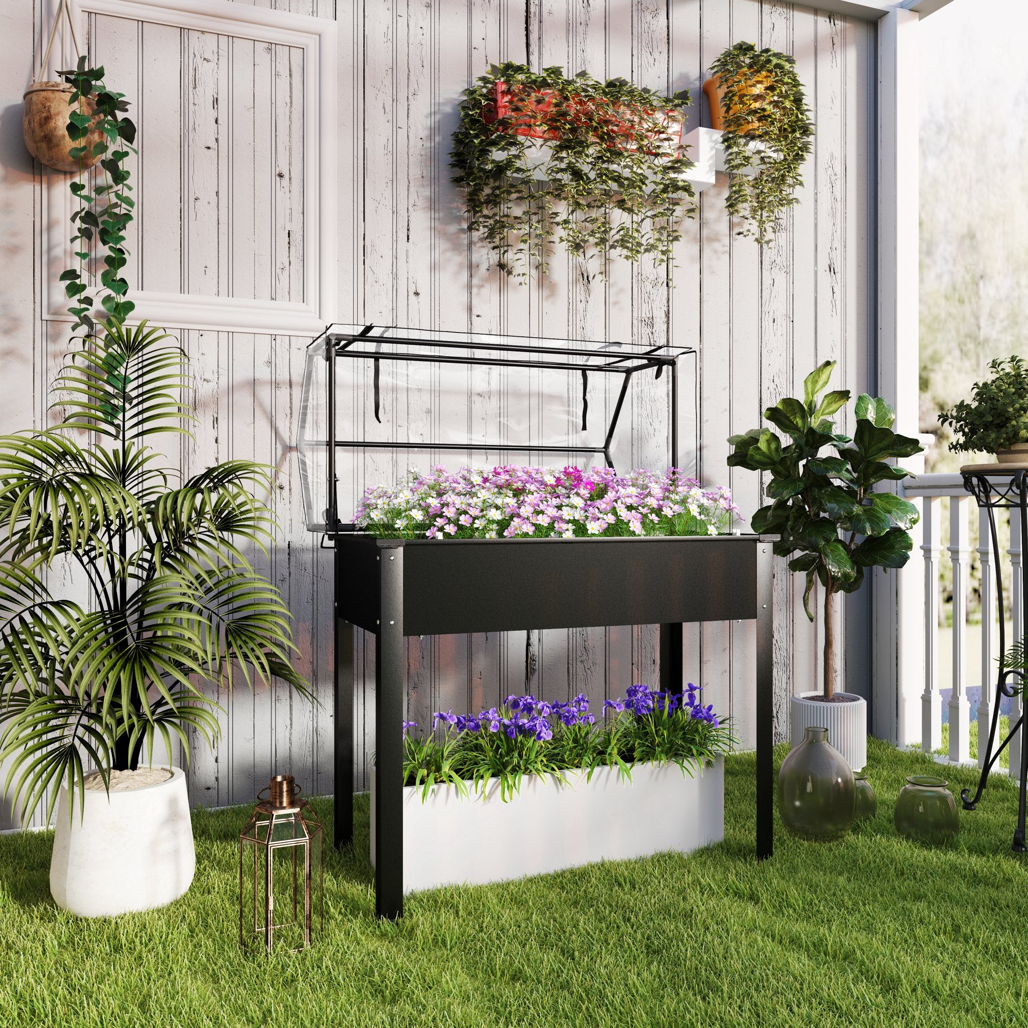 Elevated Garden Box with Greenhouse Cover, Raised Garden Bed with Legs and Drainage Hole for Vegetables, Black - Black - Image 2