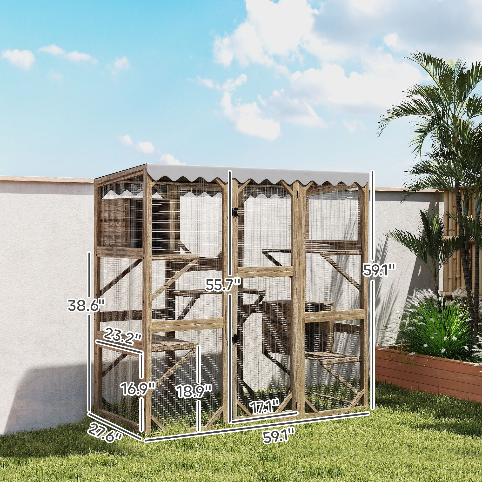 Outdoor Cat Enclosure with Window Access, 5 Platforms and 2 Resting Boxes, Waterproof Roof for Multiple Cats, Brown - Brown - Image 3