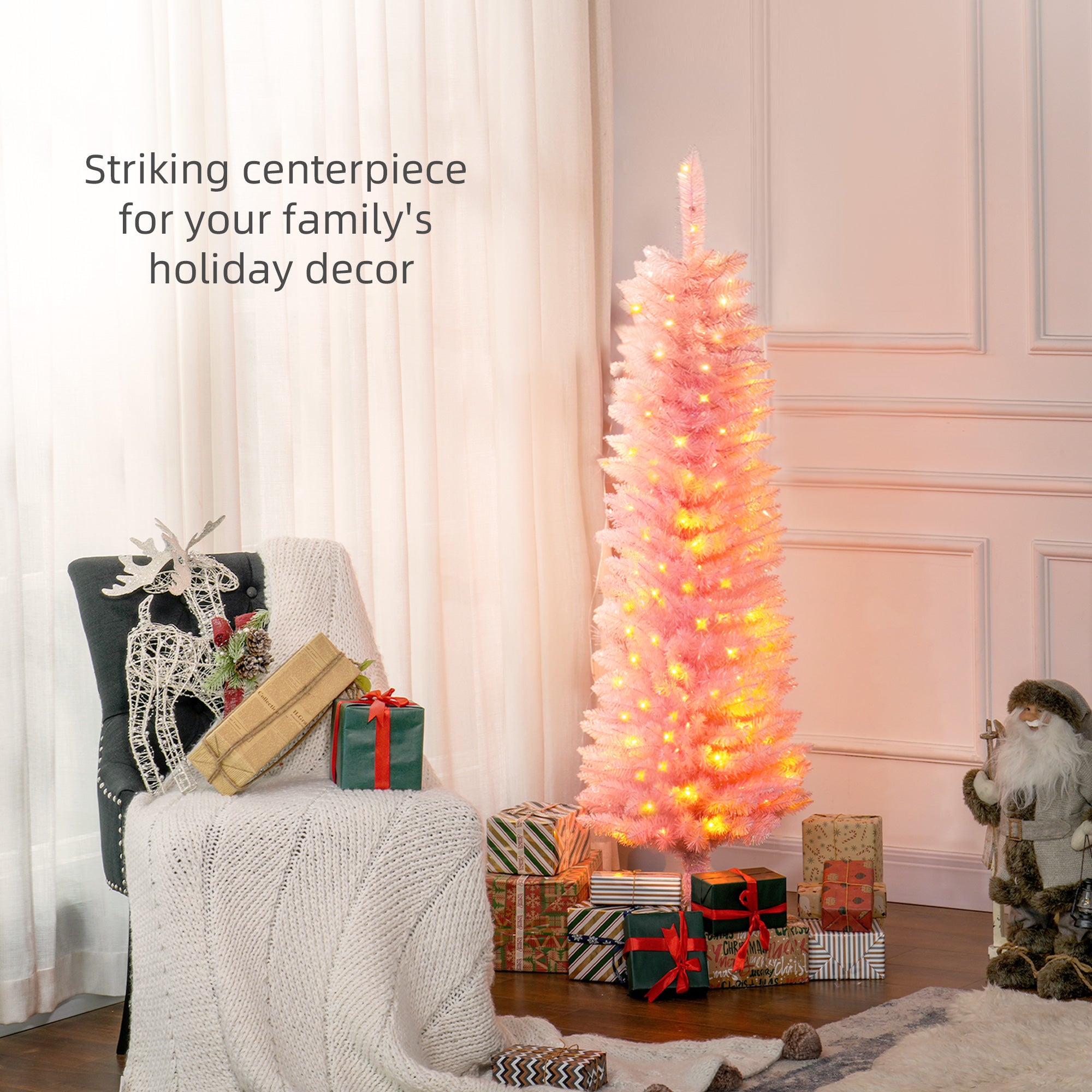 5' Prelit Christmas Tree, Pencil Artificial Christmas Tree with Colorful Surface Branches, Colorful LED Lights, Pink