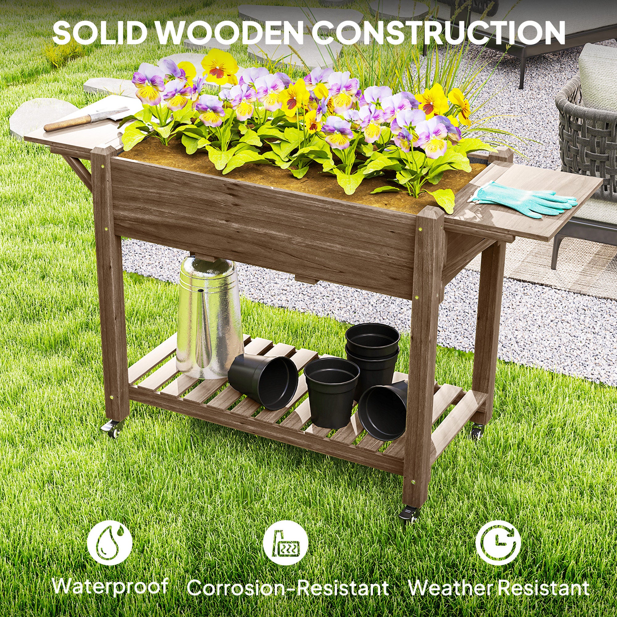 Wood Raised Planter Box, Elevated Garden Bed with Lockable Wheels, Side Tables, Bottom Shelf, Drain Holes, Carbonized - Carbonized - Image 8
