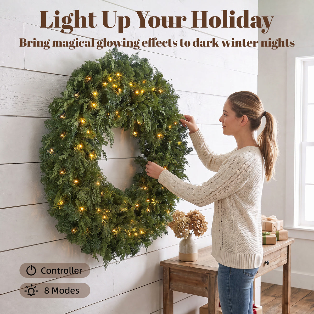 48" Prelit Crestwood Spruce Artificial Christmas Wreath, Christmas Decor with Bow, LEDs, 8 Modes, Realistic Tips