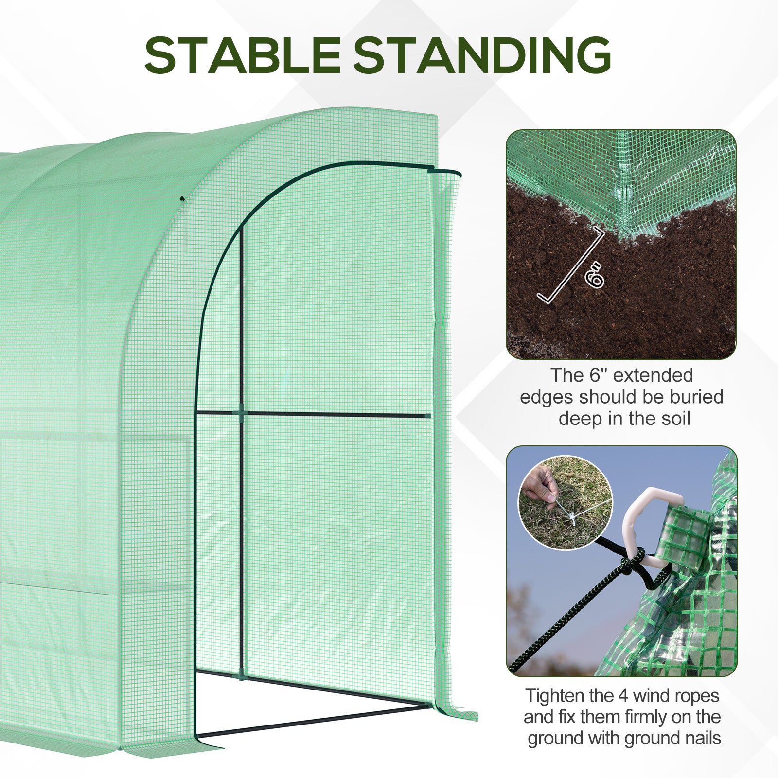 10' x 5' x 7' Lean to Greenhouse, Walk-In Green House, Plant Nursery with 2 Roll-up Doors and Windows, PE Cover and 3 Wire Shelves, Green - Green - Image 4