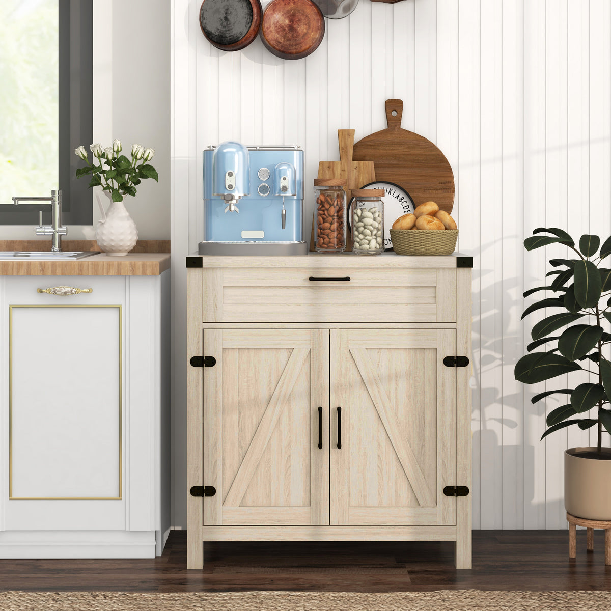 Modern Farmhouse Sideboard with Storage, Buffet Cabinet with 2 Barn Doors and Drawer for Dining Room, White Oak