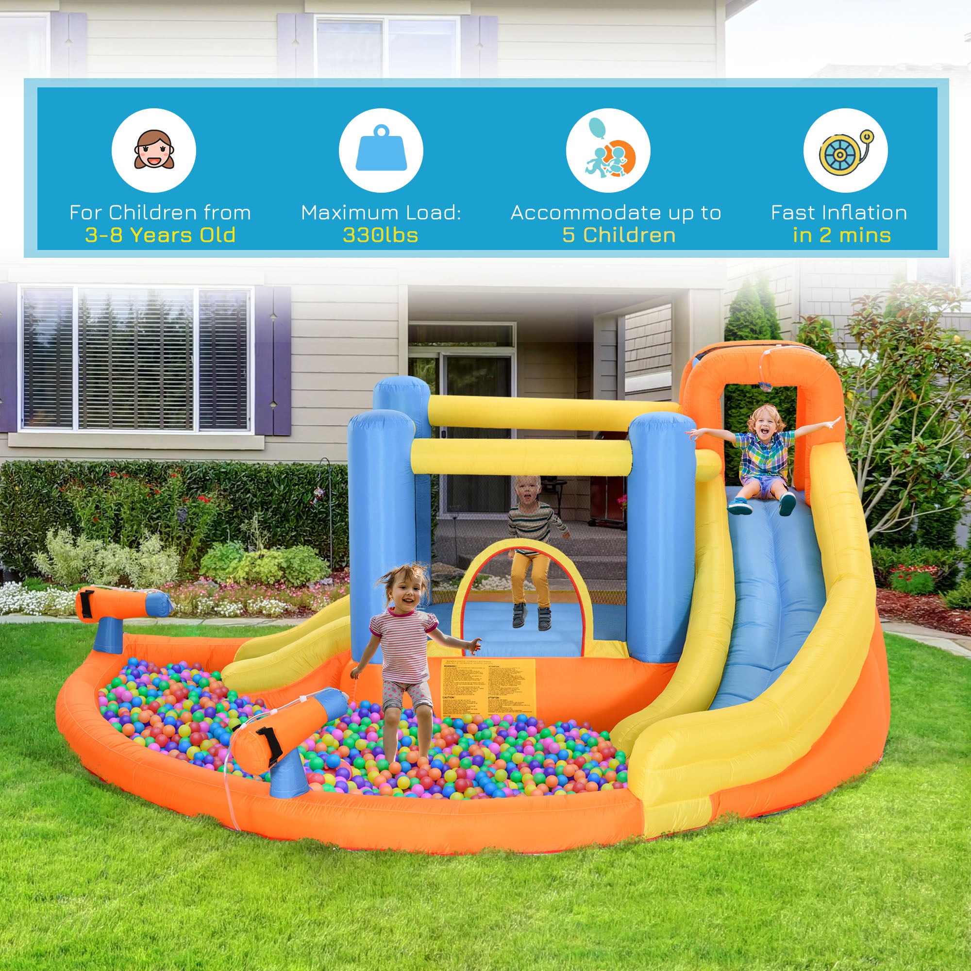 5-in-1 Kids Inflatable Bounce House Jumping Castle with Water Pool, Slide, Climbing Walls & 2 Water Guns