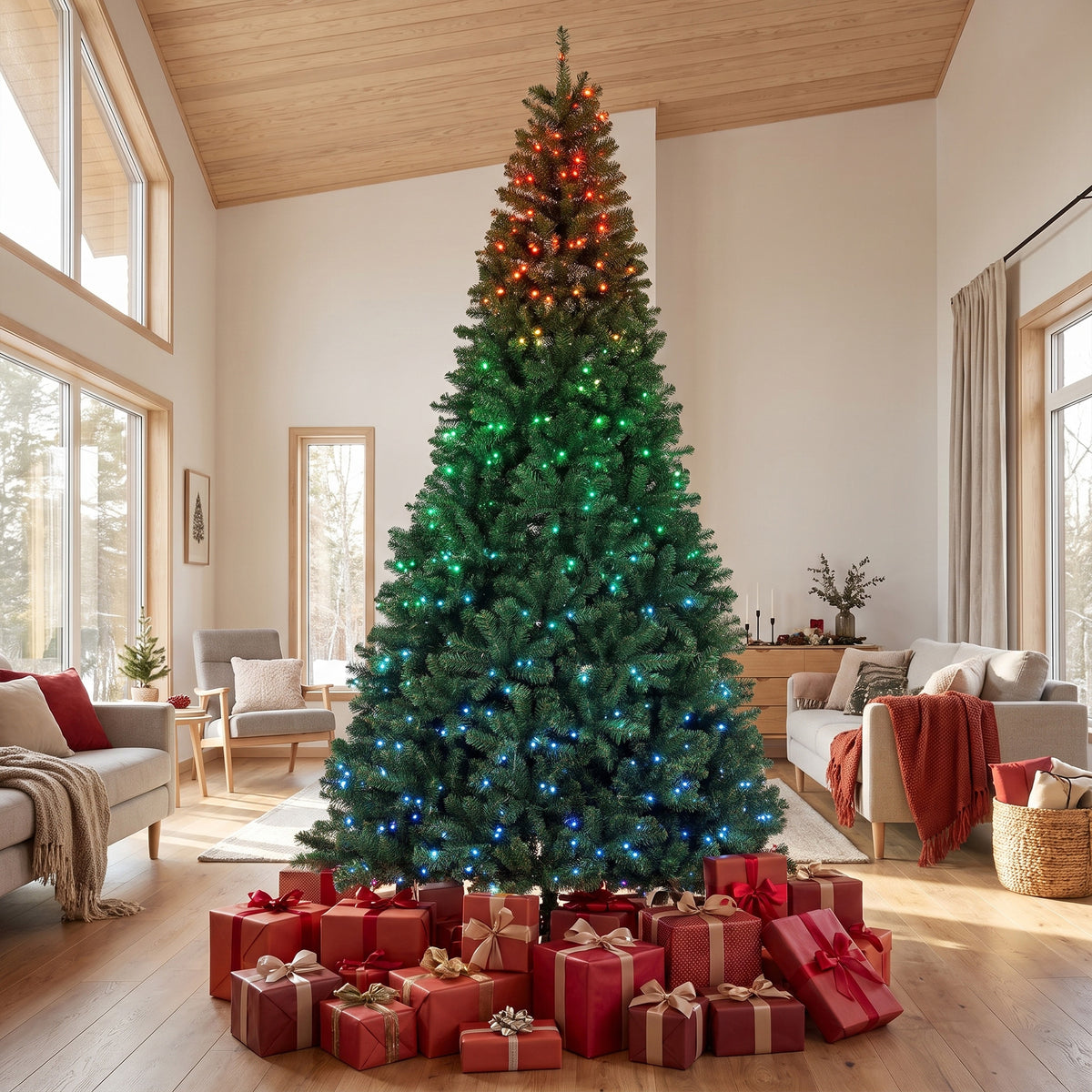9ft Prelit Christmas Tree with RGB Dynamic LEDs, Remote Control, Daily Timer, Hinged Xmas Tree, Easy Assembly