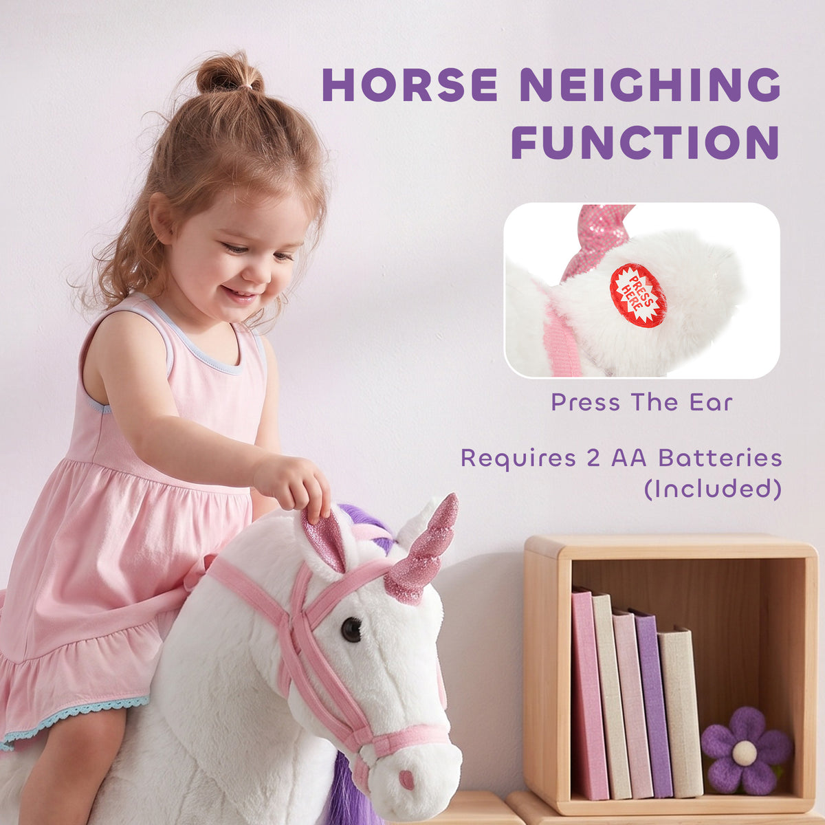 Ride on Horse for Kids 2+ Years, Toddler Riding Horse with Neighing, Stuffed Animal Horse Toy with Padding, White