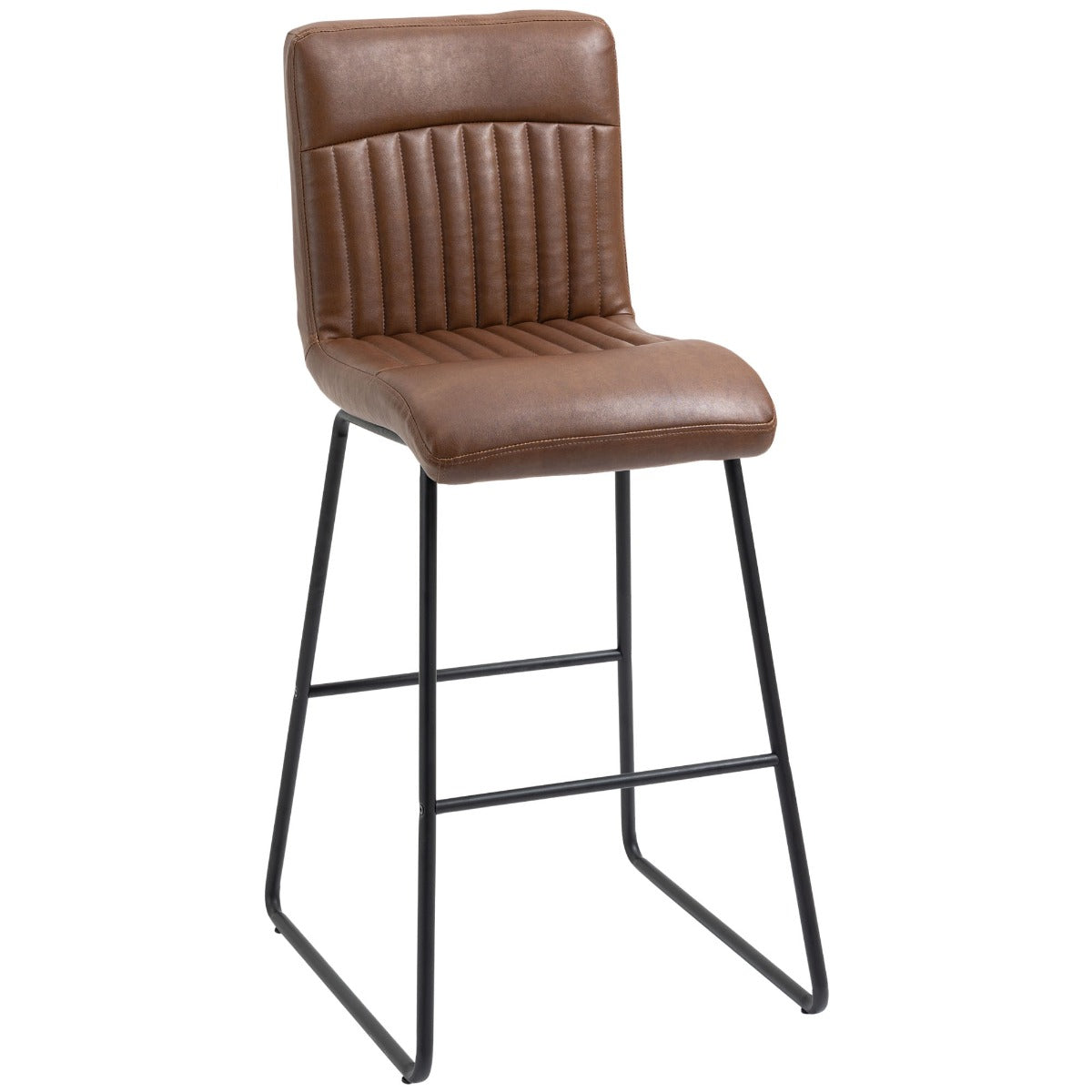 30" Industrial Bar Stool, PU Leather Barstool with Footrest, Upholstered Armless Pub Height Chair, Brown / Black
