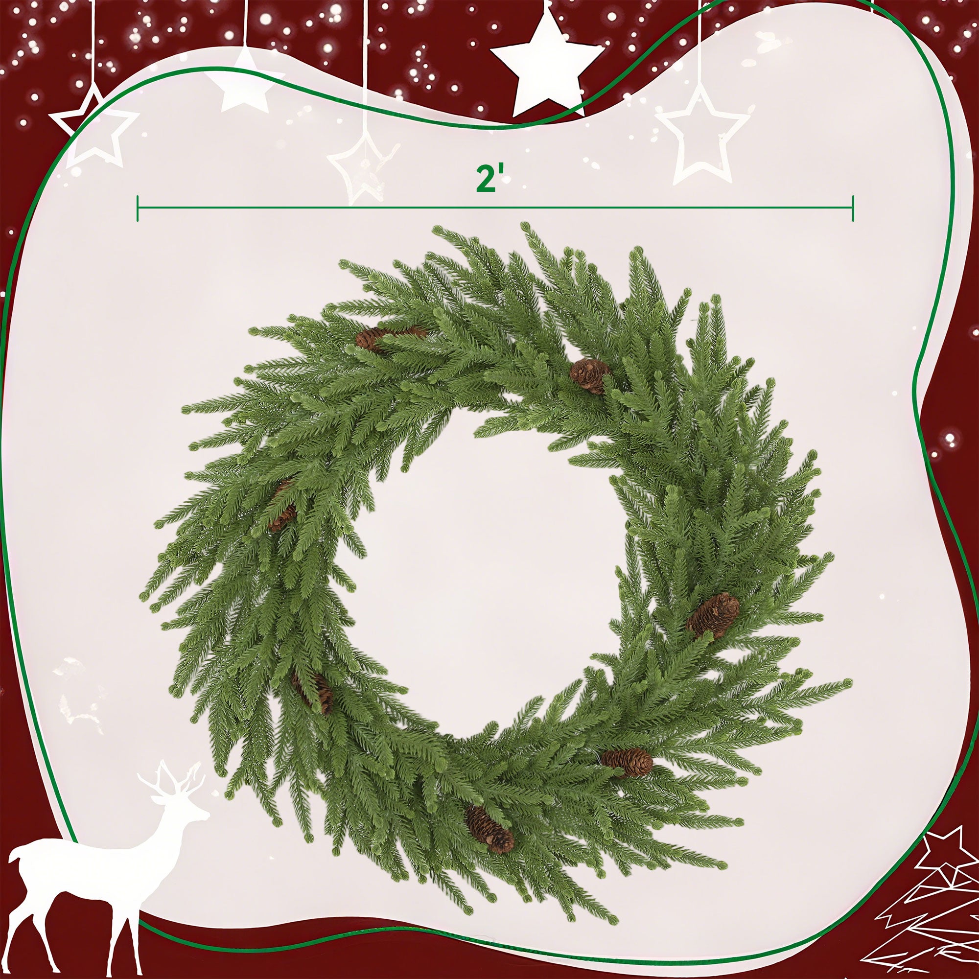 24 inch Christmas Wreath, Artificial Norfolk Pine Wreath with Pine Cones and 88 Realistic Branches for Door, Wall