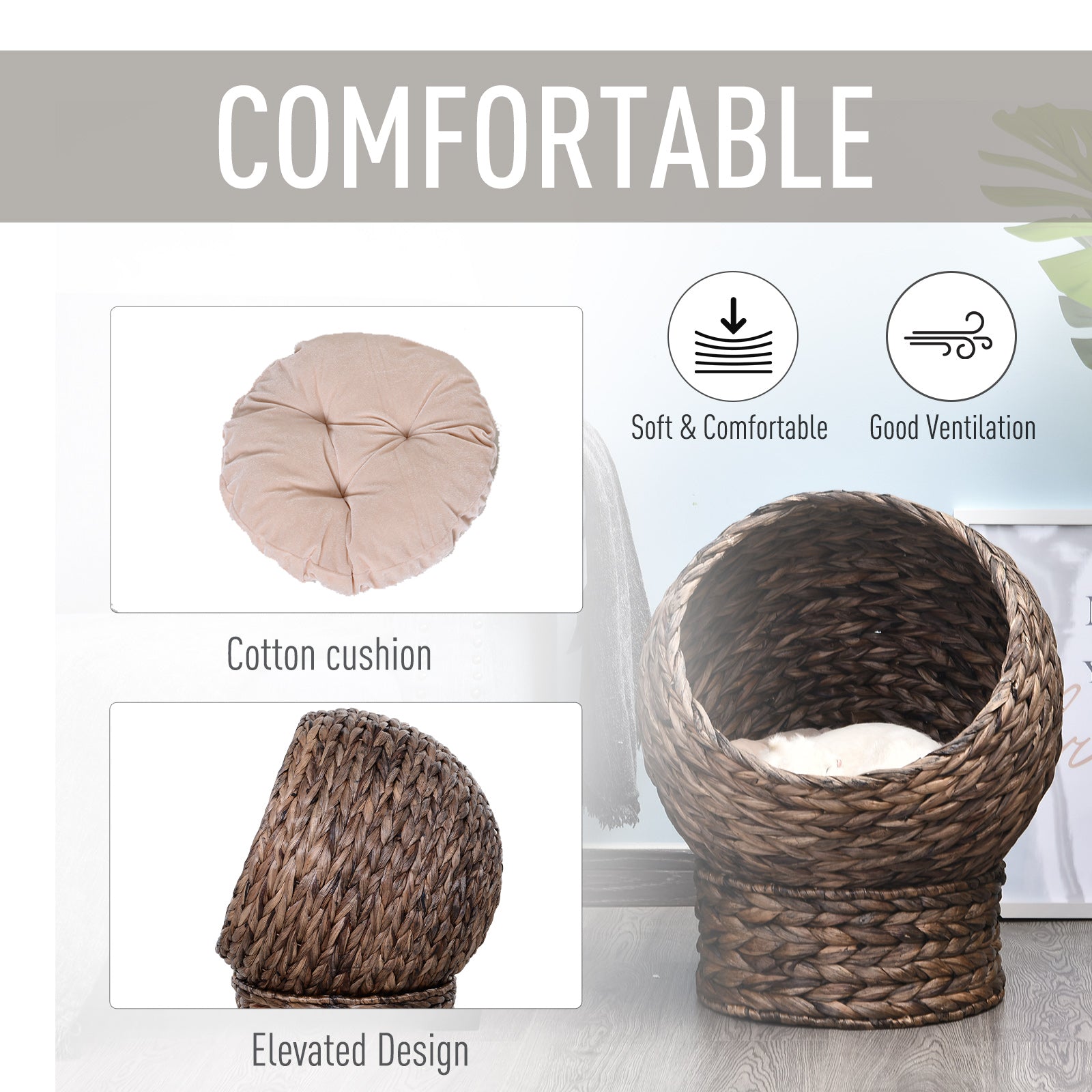 Handwoven Elevated Cat Bed with Rotating Basket and Soft Cushion, Wicker Cat Egg Chair with Stand, Brown - Dark Gray - Image 5