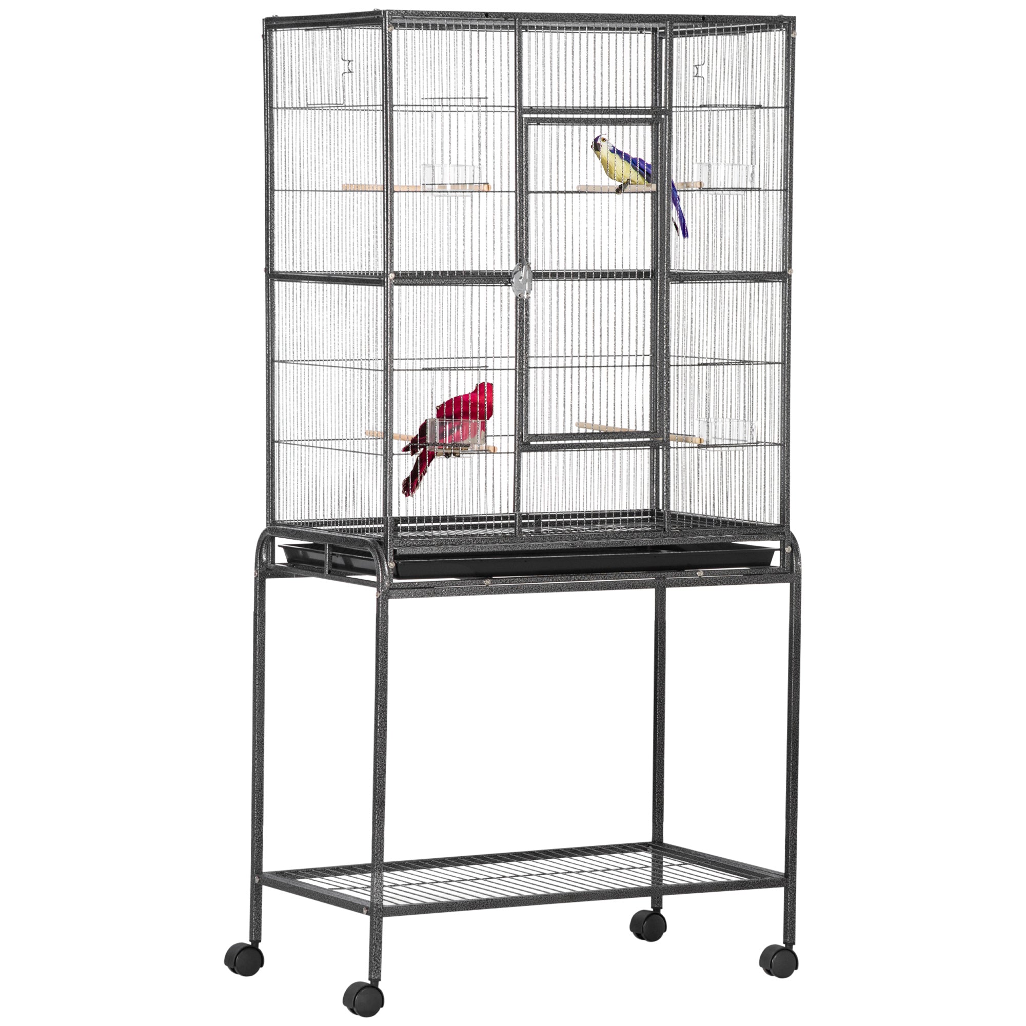 30" Rolling Metal Bird Cage Feeder with Detachable Rolling Stand, Storage Shelf, Wood Perch & Food Container - Black and Gray