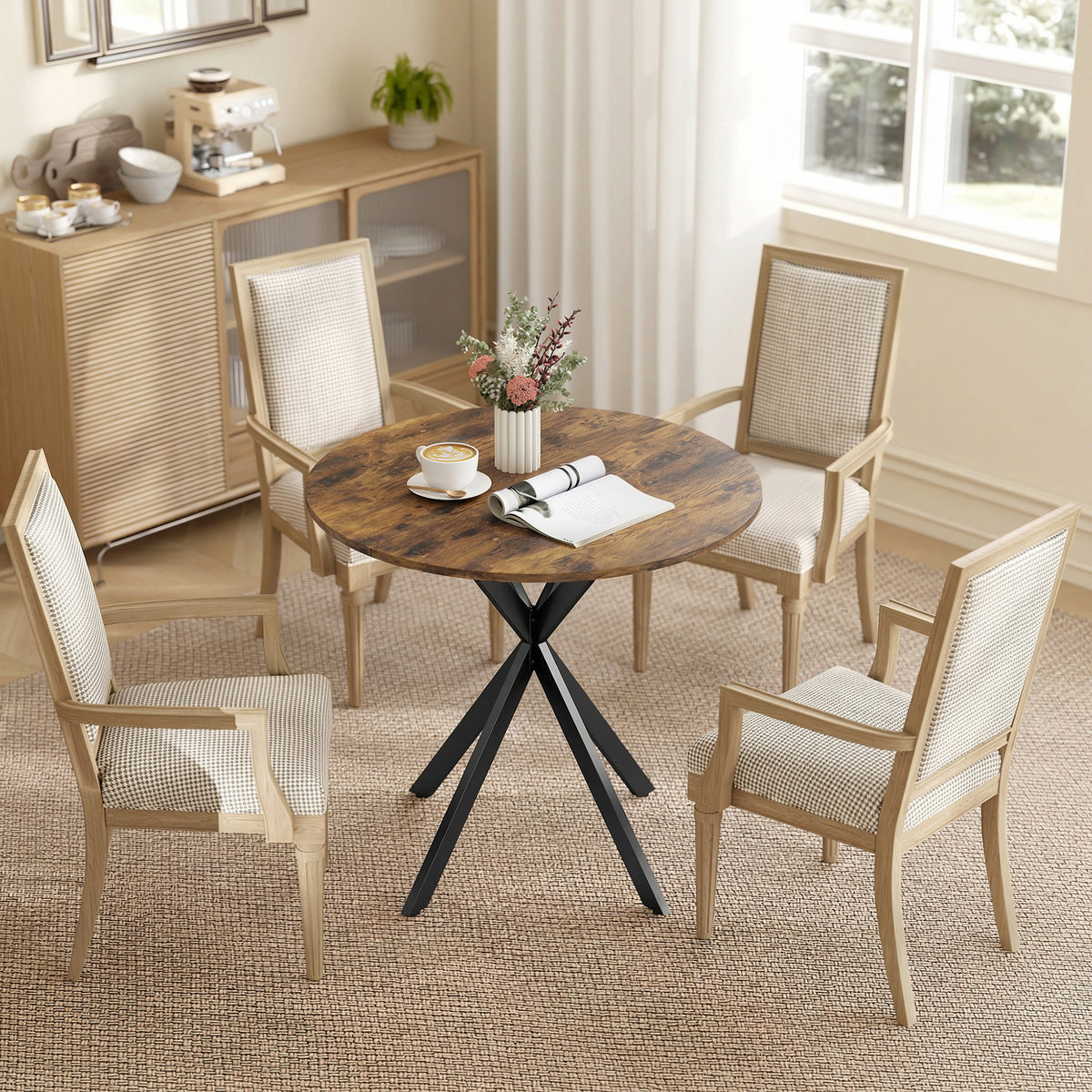 31.5" Small Round Dining Table for 2, Industrial Kitchen Table with Cross Steel Legs for Dining Room, Rustic Brown