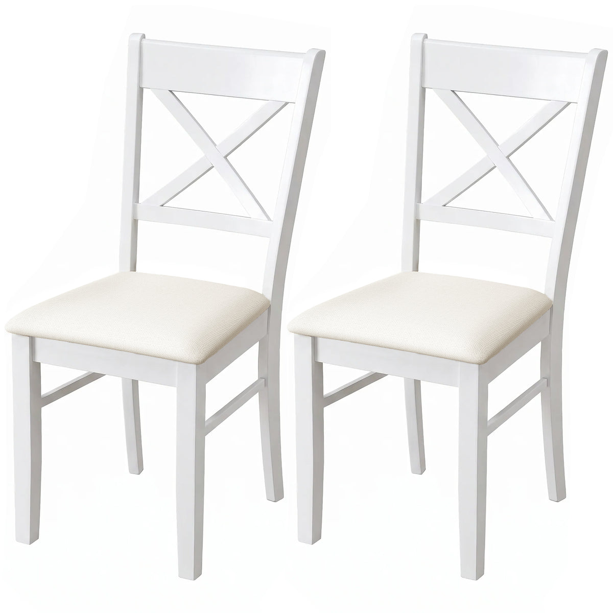 Dining Chairs Set of 2, Upholstered Kitchen Chairs with Rubberwood Frame, Padded Seat and X-Back, White