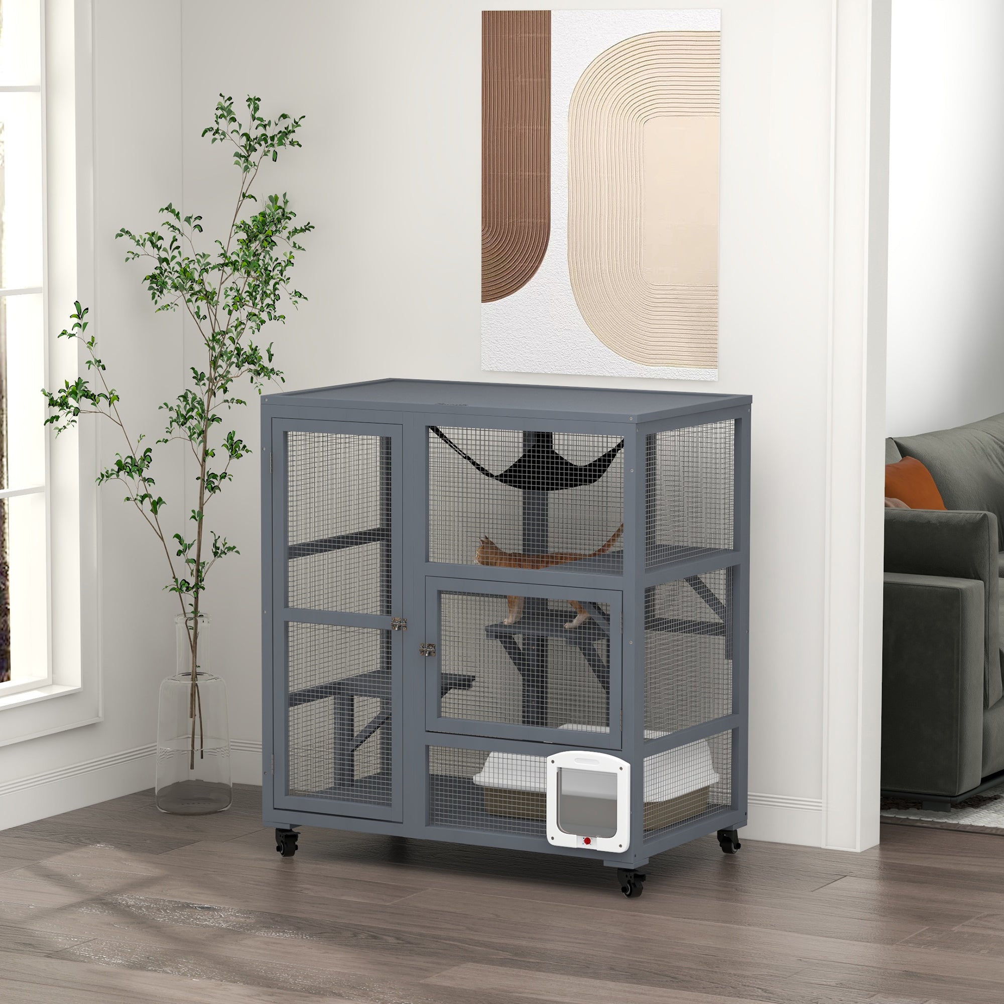 Cat House, Indoor Cat Enclosure on Wheels with Openable Top, 39" - Light Gray - Image 2