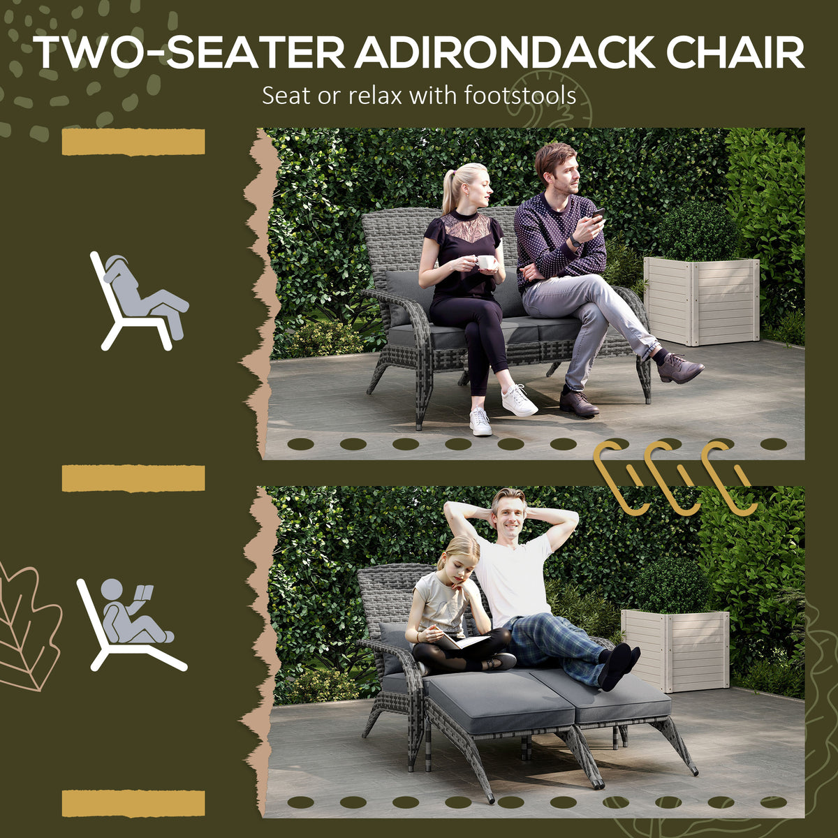 Wicker Adirondack Chair for 2 with Cushions & Footrests, PE Rattan Double Chaise Lounge Chair, Fire Pit Chair for Porch with High-back, Wide Armrests, Mixed Gray