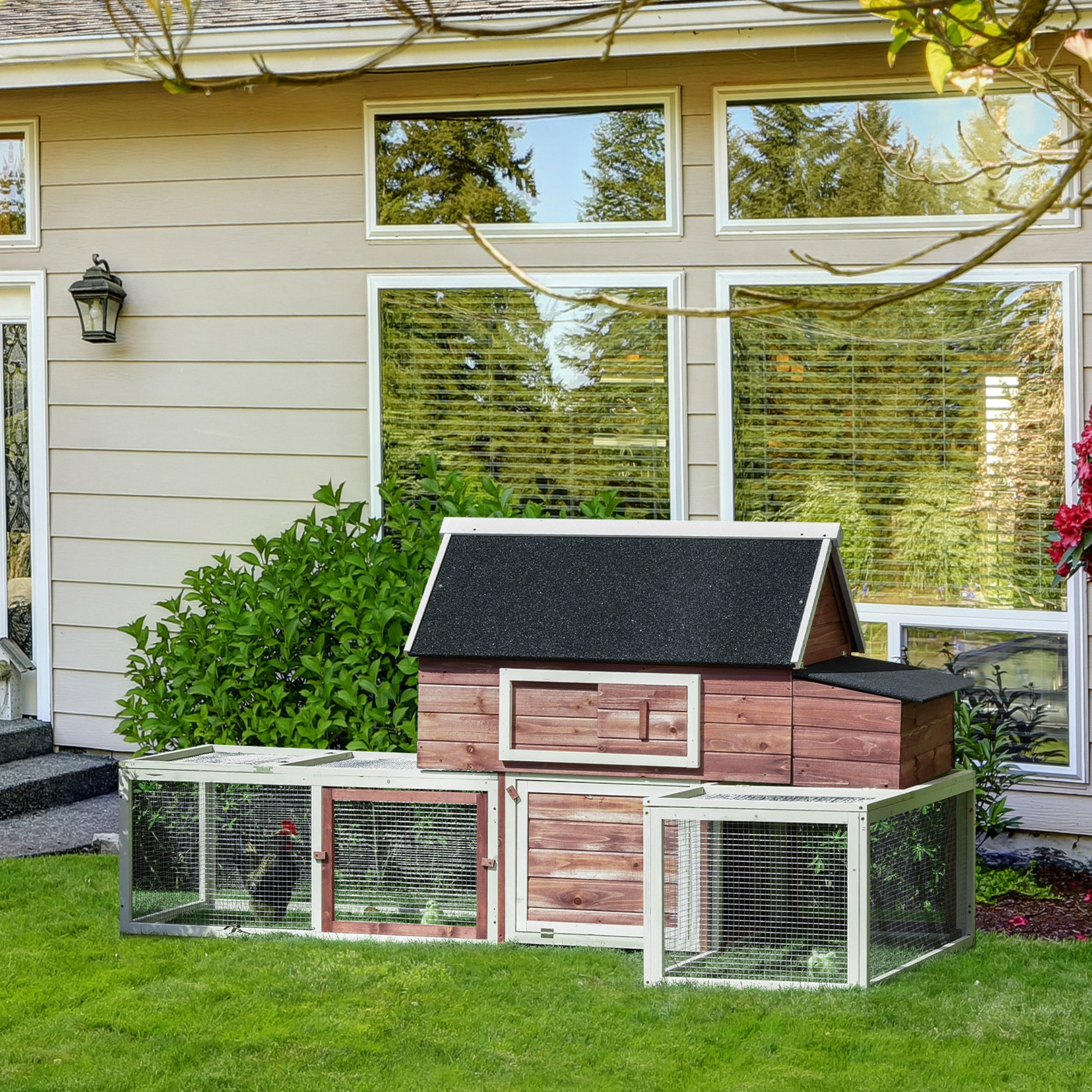 Wooden Chicken Coop, Outdoor Chicken Cage Poultry Hen House with Nesting Box, Double Runs, Asphalt Roof, Ramp - Reddish Brown and White - Image 2