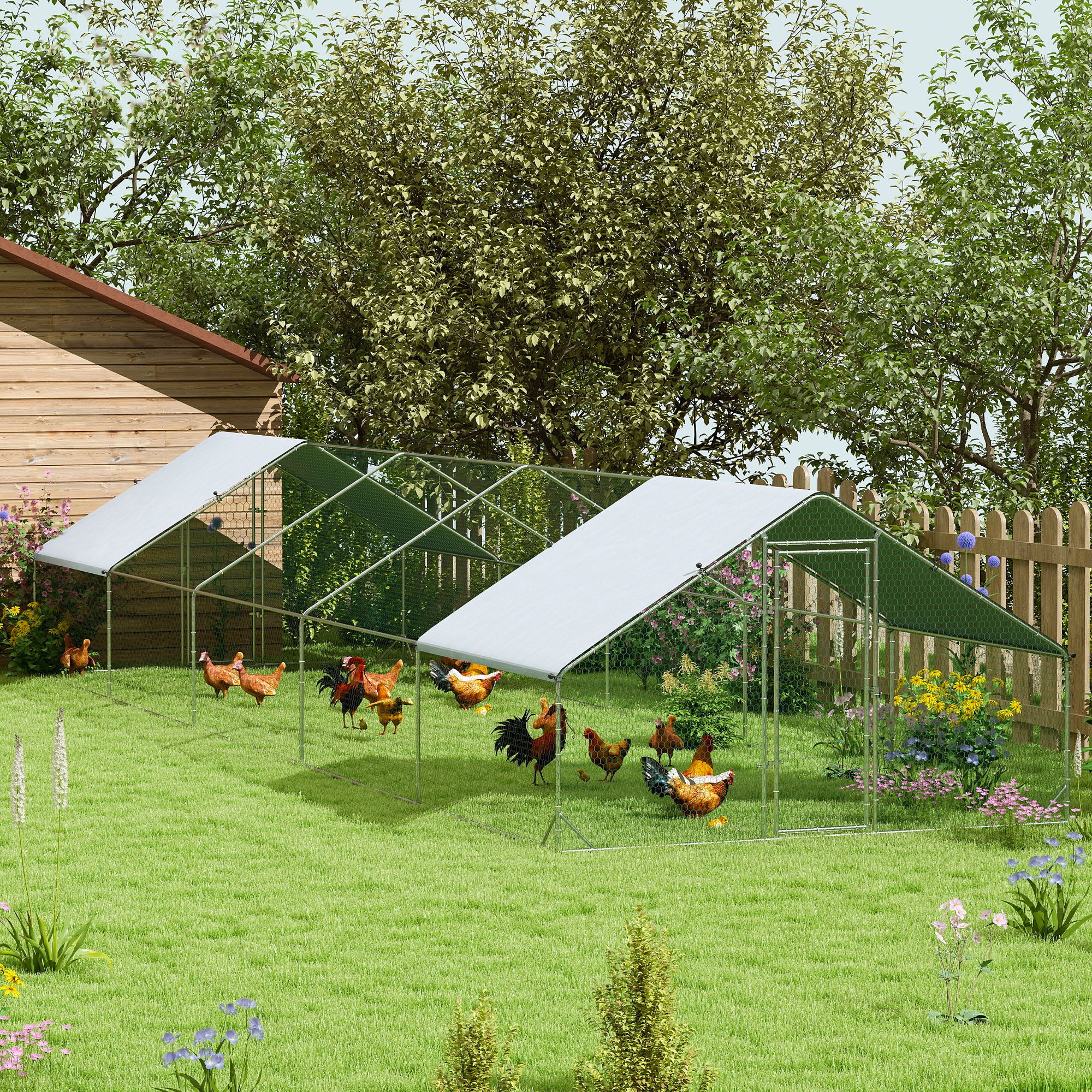 Large Chicken Coop with Waterproof and Anti-UV Cover, Spire Shaped for Outdoor and Yard Farm Use, 9.8' x 32.8' x 6.4' - Silver - Image 2