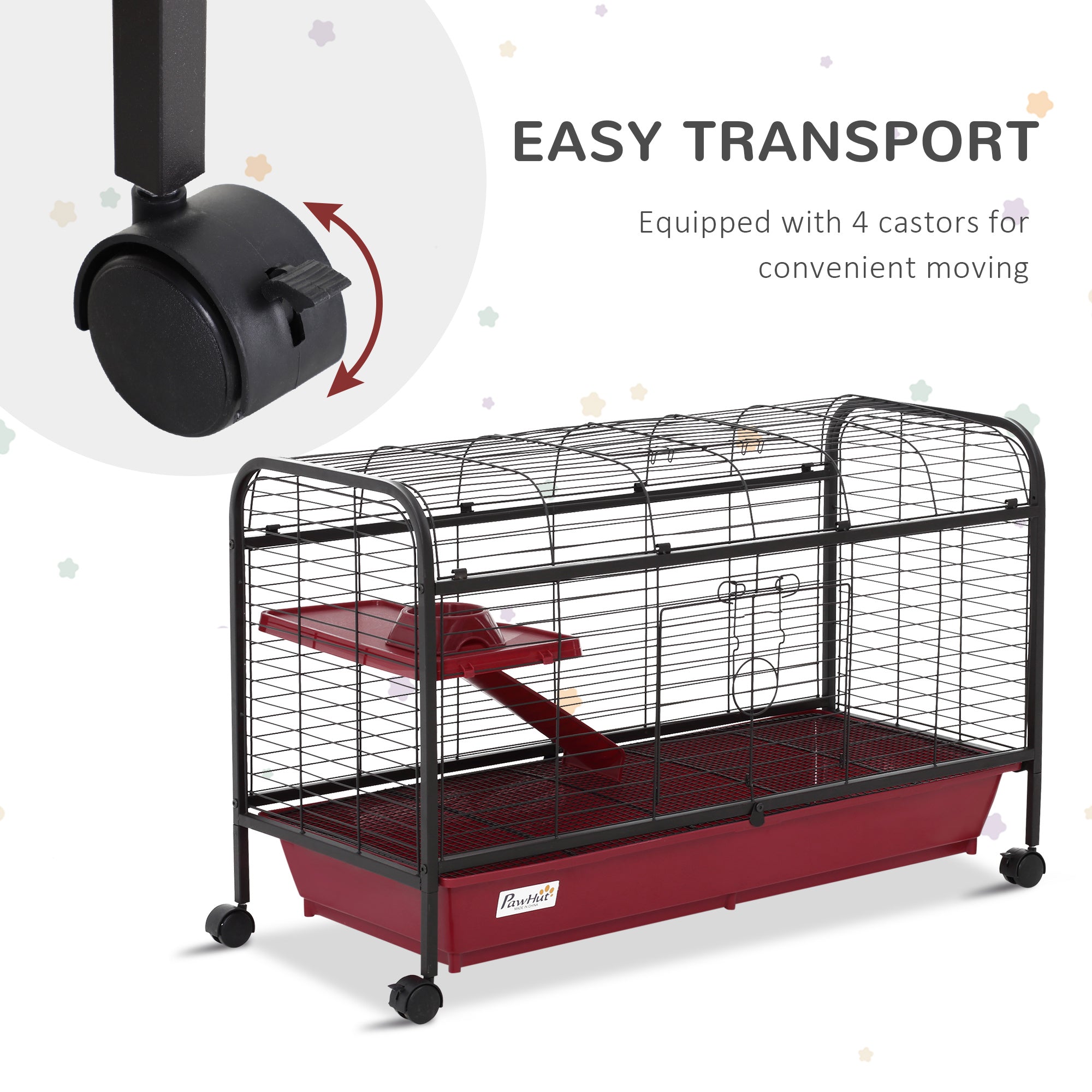 41"L Small Animal Cage, Pet Play House for Rabbit Hutch Ferret with Feeder, Rolling Wheels, Platform, Ramp - Red and Black - Image 6