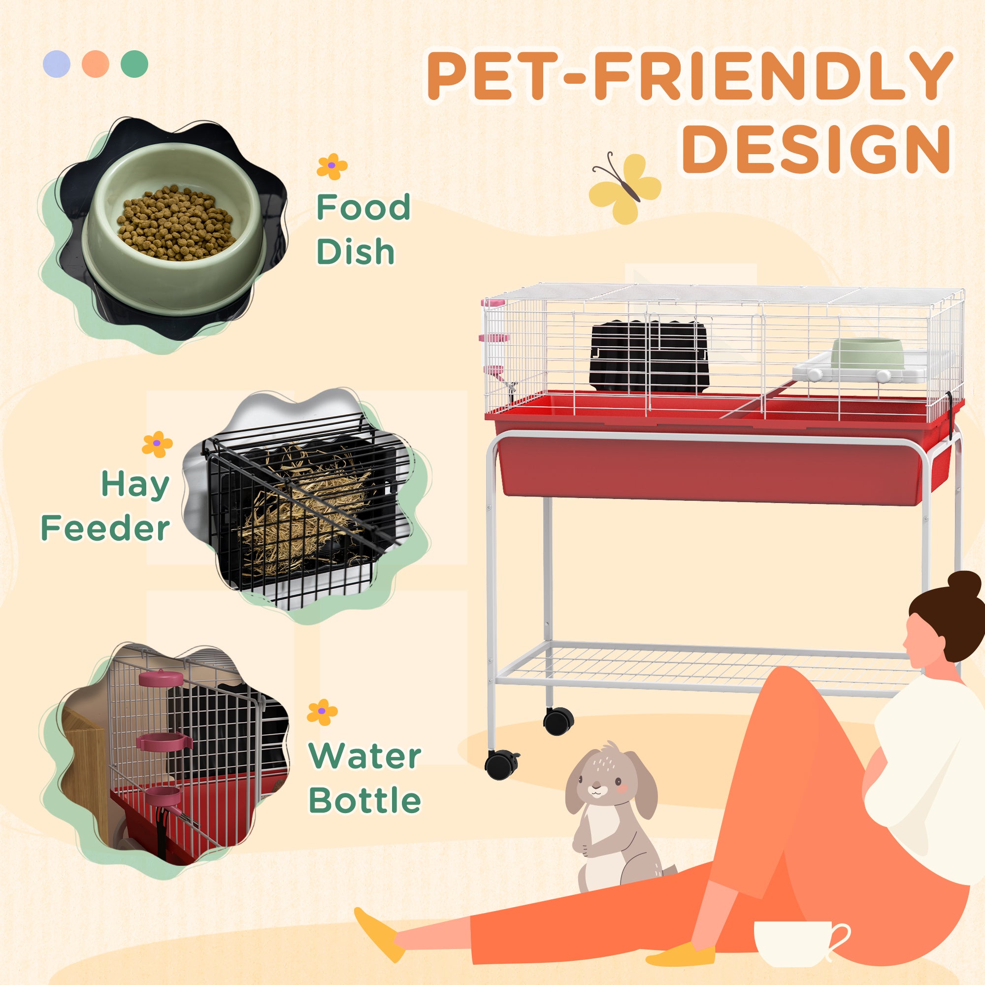 Two-Story Small Animal Cage Removable from Stand, Pet Habitat with Shelf & Wheels, 33" x 18.5" x 35", Red - Red - Image 7