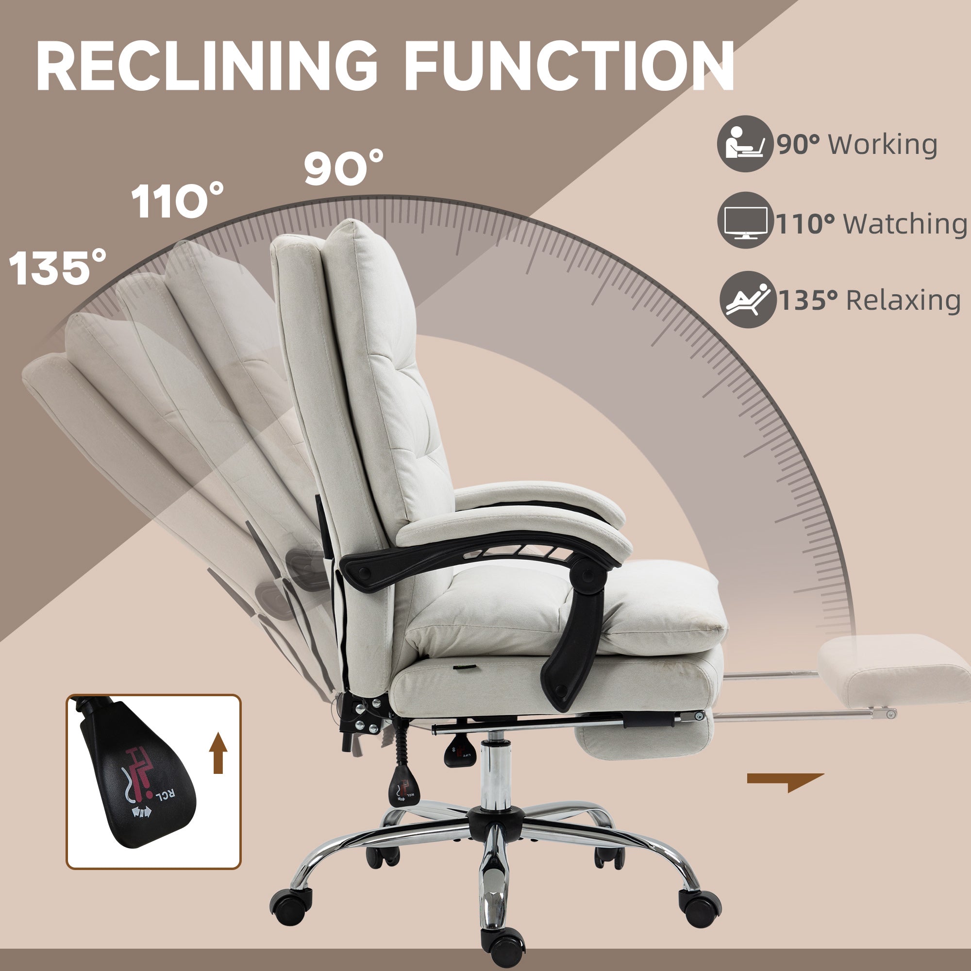 Microfibre Executive Massage Office Chair, Computer Desk Chair, Reclining Chair with Footrest, Double-tier Padding, Swivel Wheels, Cream White