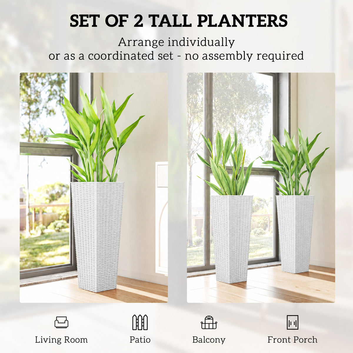 32 Inch Tall Planters for Outdoor Plants, Set of 2 Plastic Flower Pots with Drainage Holes, White