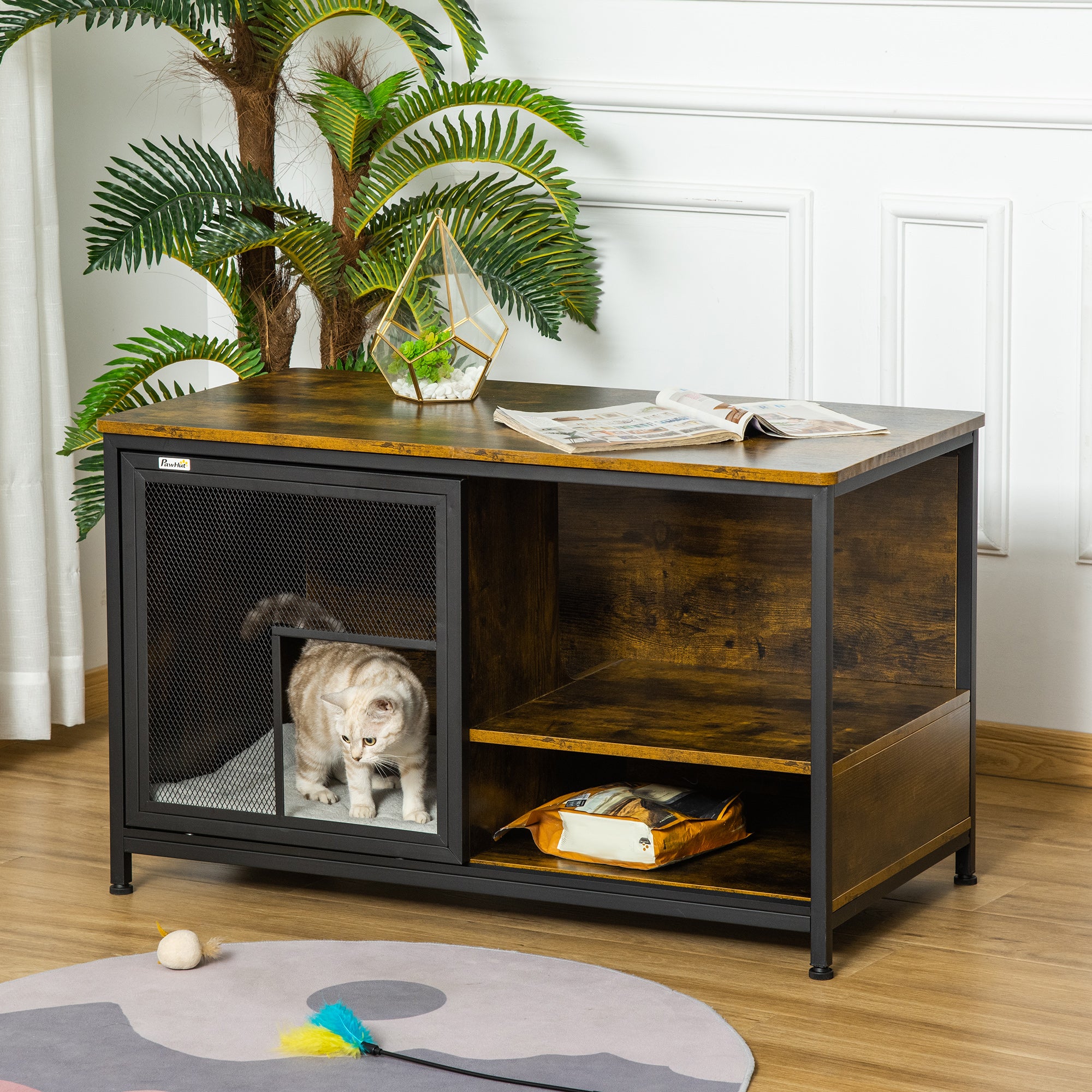 Wooden Cat Crate, Furniture Style Dog Cage, Puppy Kennel Indoor, End Table Pet House with Cushion and Sliding Doors, Rustic Brown - Rustic Brown - Image 2