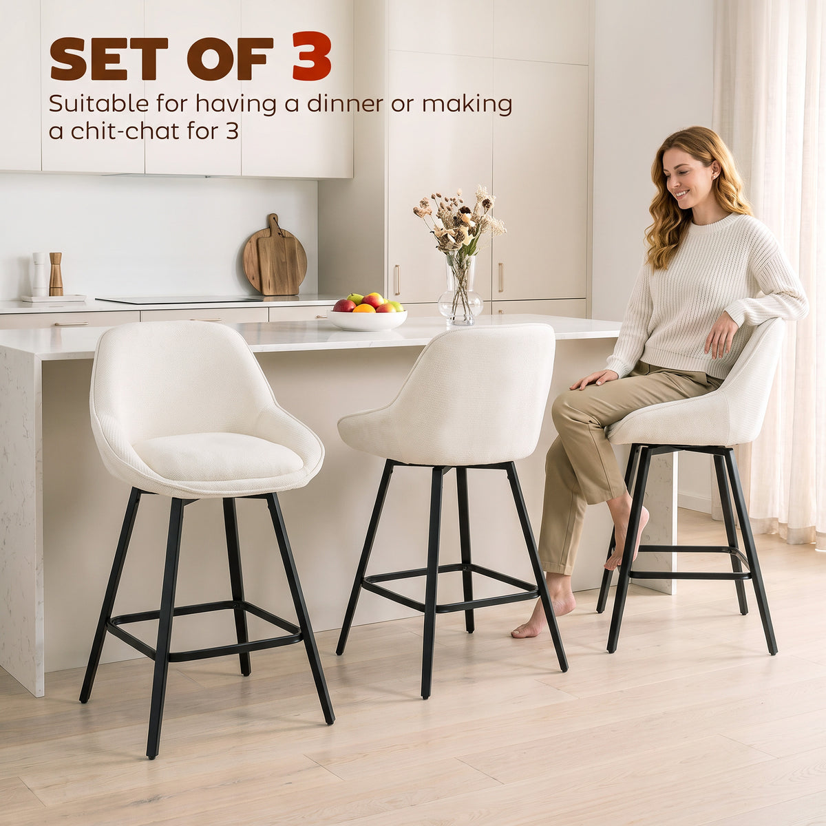 Bar Stools Modern Chenille 360° Swivel Barstools Counter Height Backrest Footrest Set 3, Cream White