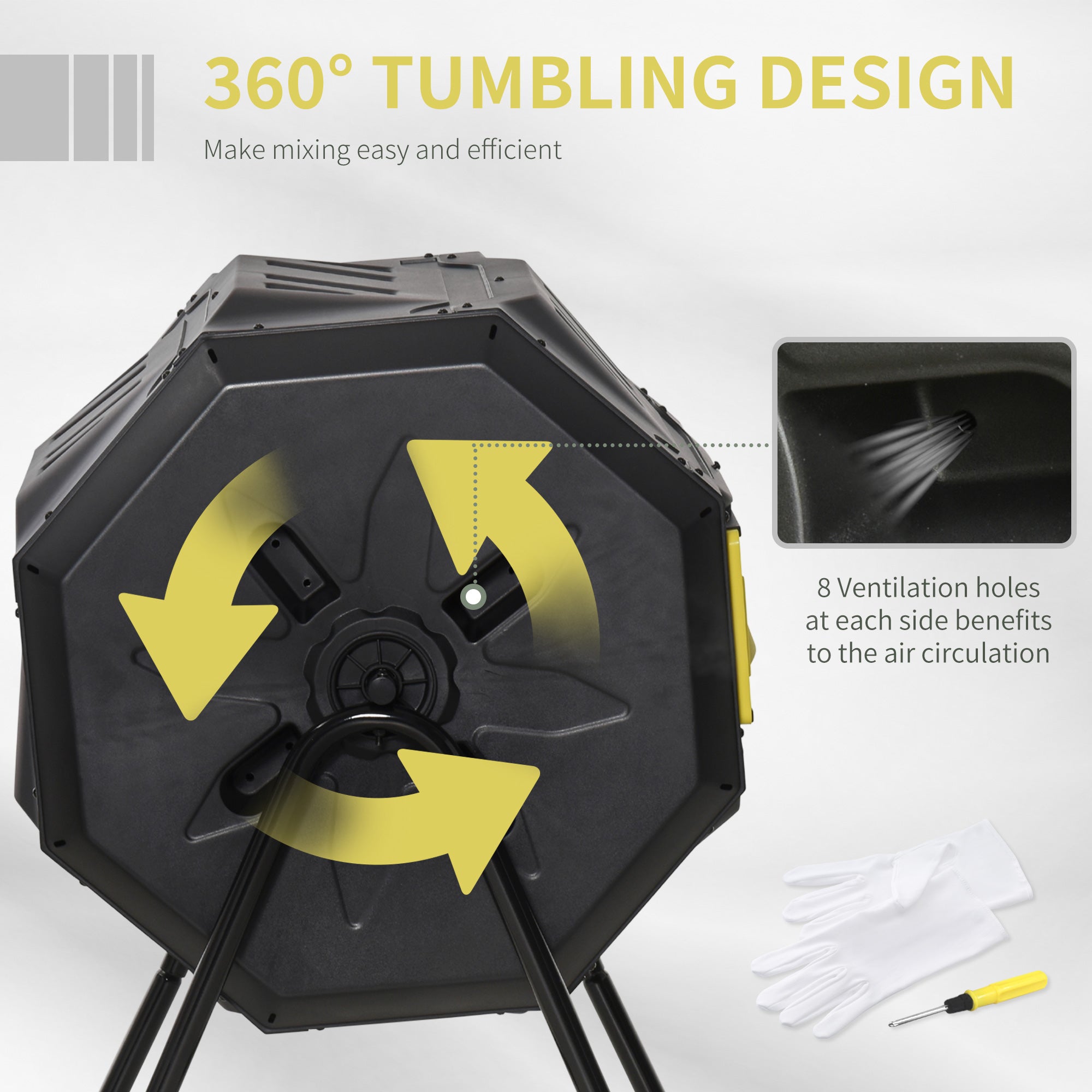 Tumbling Compost Bin Outdoor 360° Dual Chamber Rotating Composter 43 Gallon, Yellow - Yellow - Image 5