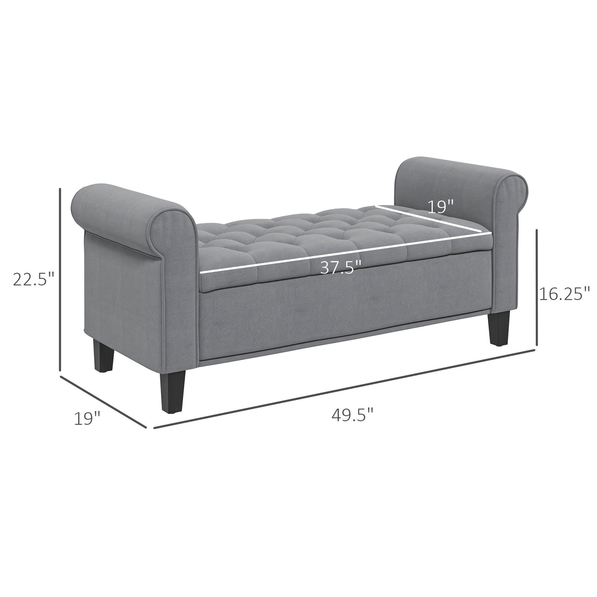50 Inches Storage Ottoman, End of Bed Bench with Rolled Arms, Wood Legs, Button Tufted Storage Bench, Charcoal Gray