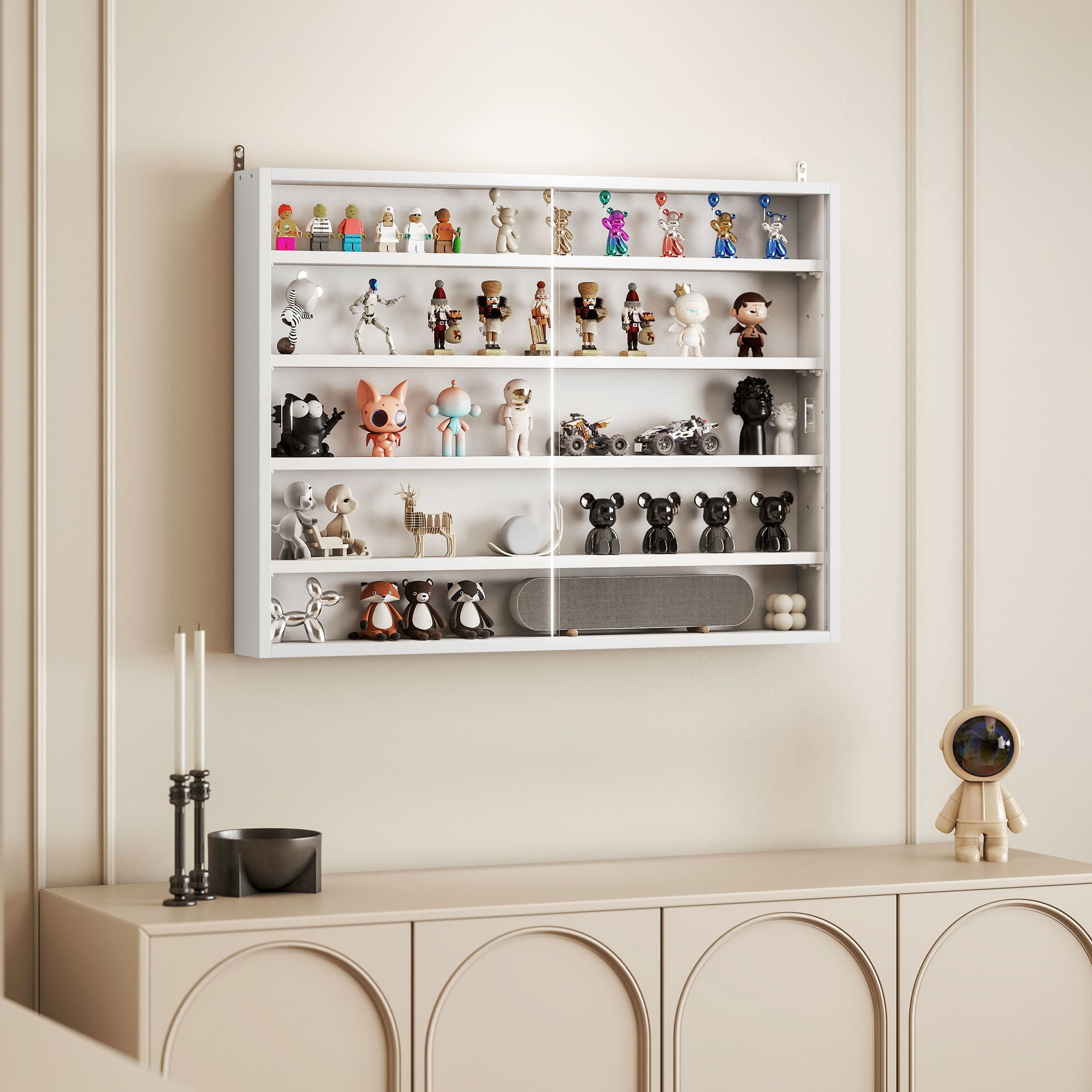 5-Tier Display Cabinet, Wall-Mounted Display Case with 2 Glass Doors and Adjustable Shelves, White