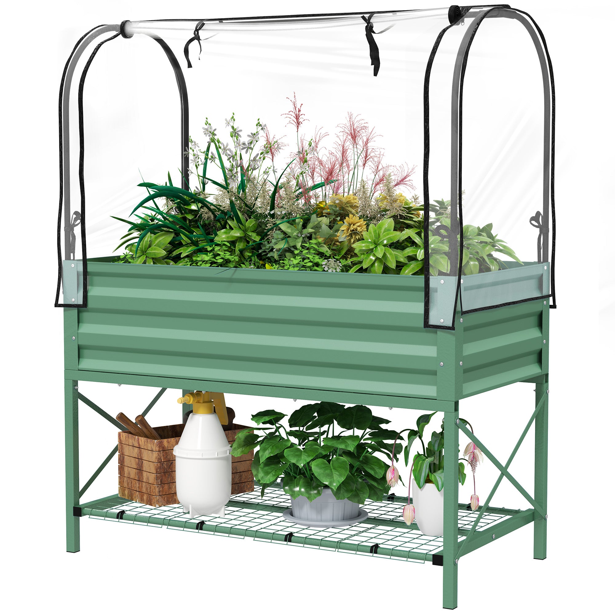 Raised Garden Bed with Legs and Cover, Metal Elevated Planter Box with Bottom Shelf and Liner for Vegetables, Green - Green
