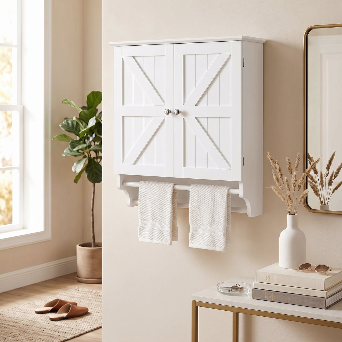 Bathroom Wall Cabinet, Medicine Cabinet with Adjustable Shelf, 2 Doors & Towel Racks, 23.8" x 8.9" x 25.2", White
