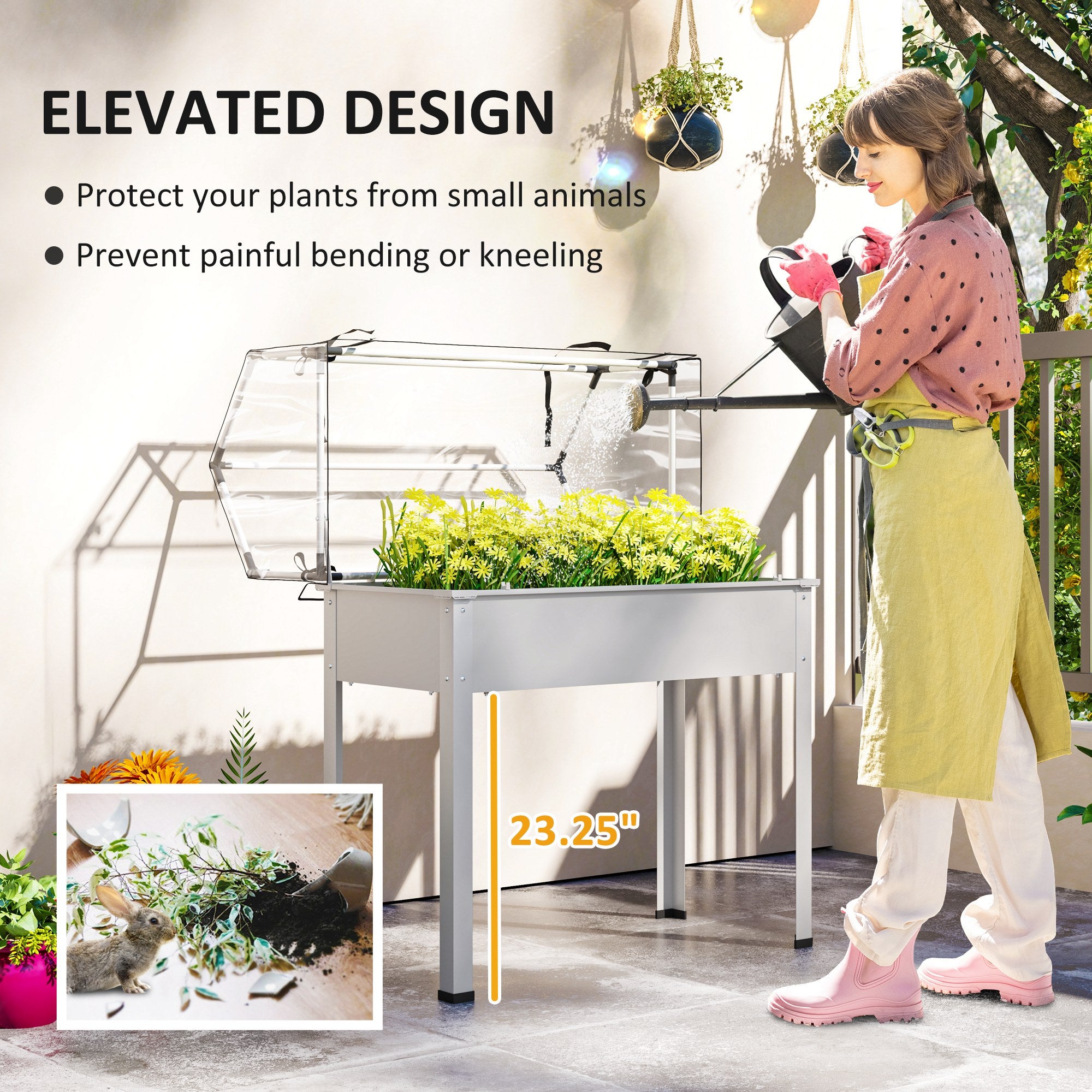 Elevated Garden Box with Greenhouse Cover, Raised Garden Bed with Legs and Drainage Hole for Vegetables, White - White - Image 5