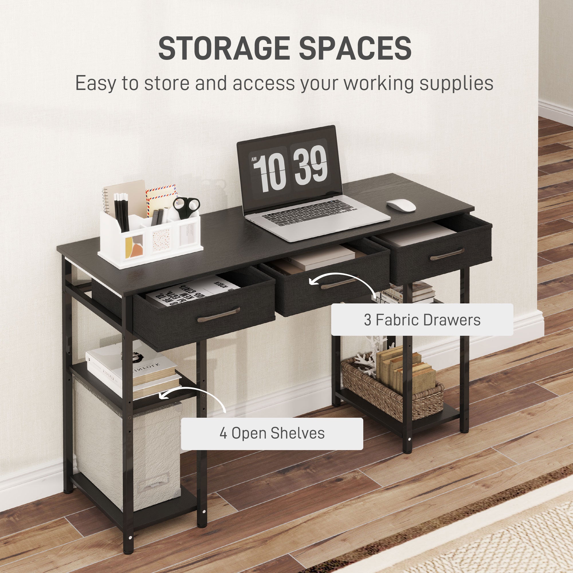 47" Small Computer Desk, Writing Desk with Fabric Drawers, Home Office Desk with Adjustable Shelves, Black